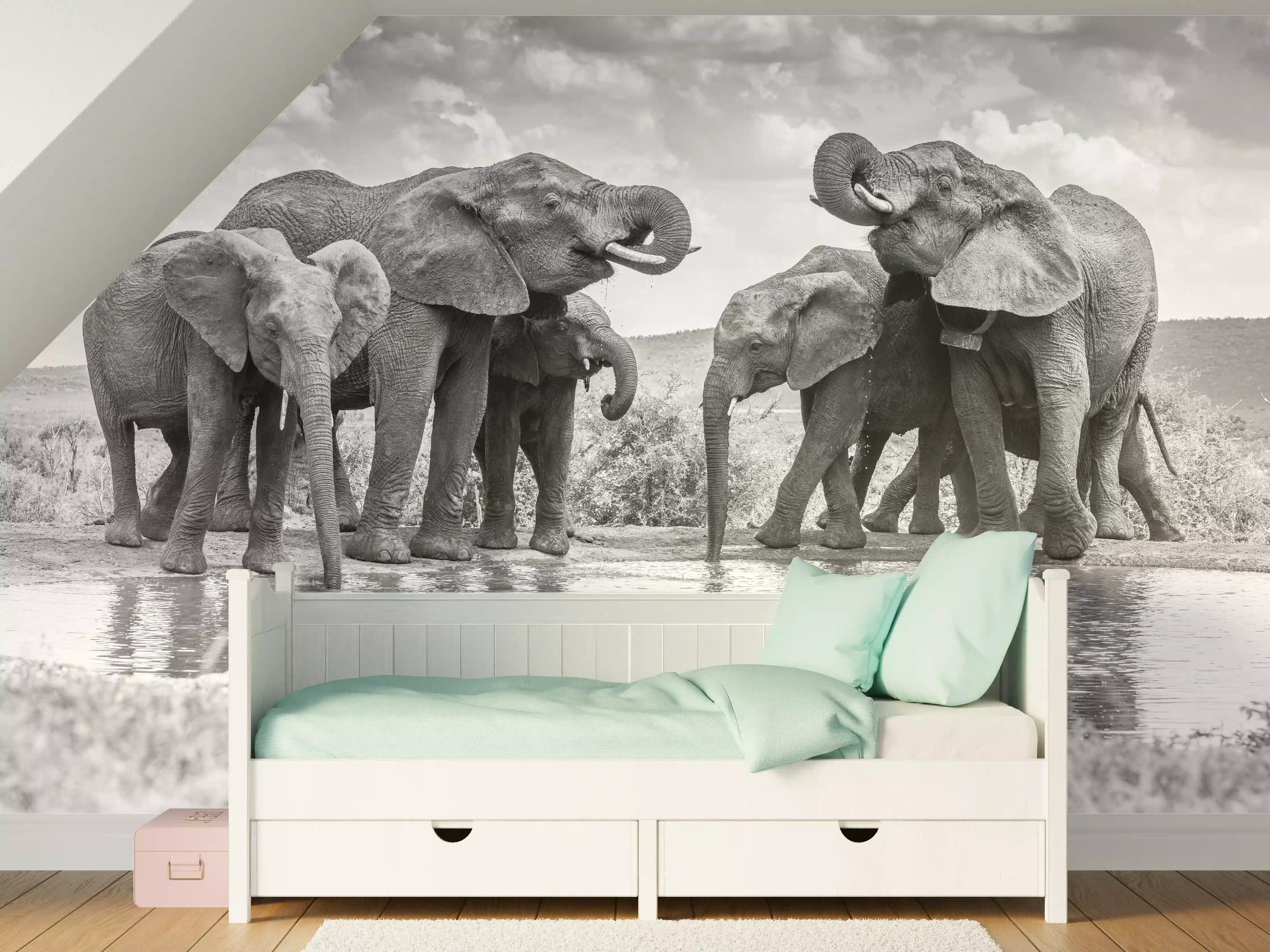 Kinderzimmer Wandgestaltung - Elefanten an der Wasserstelle
