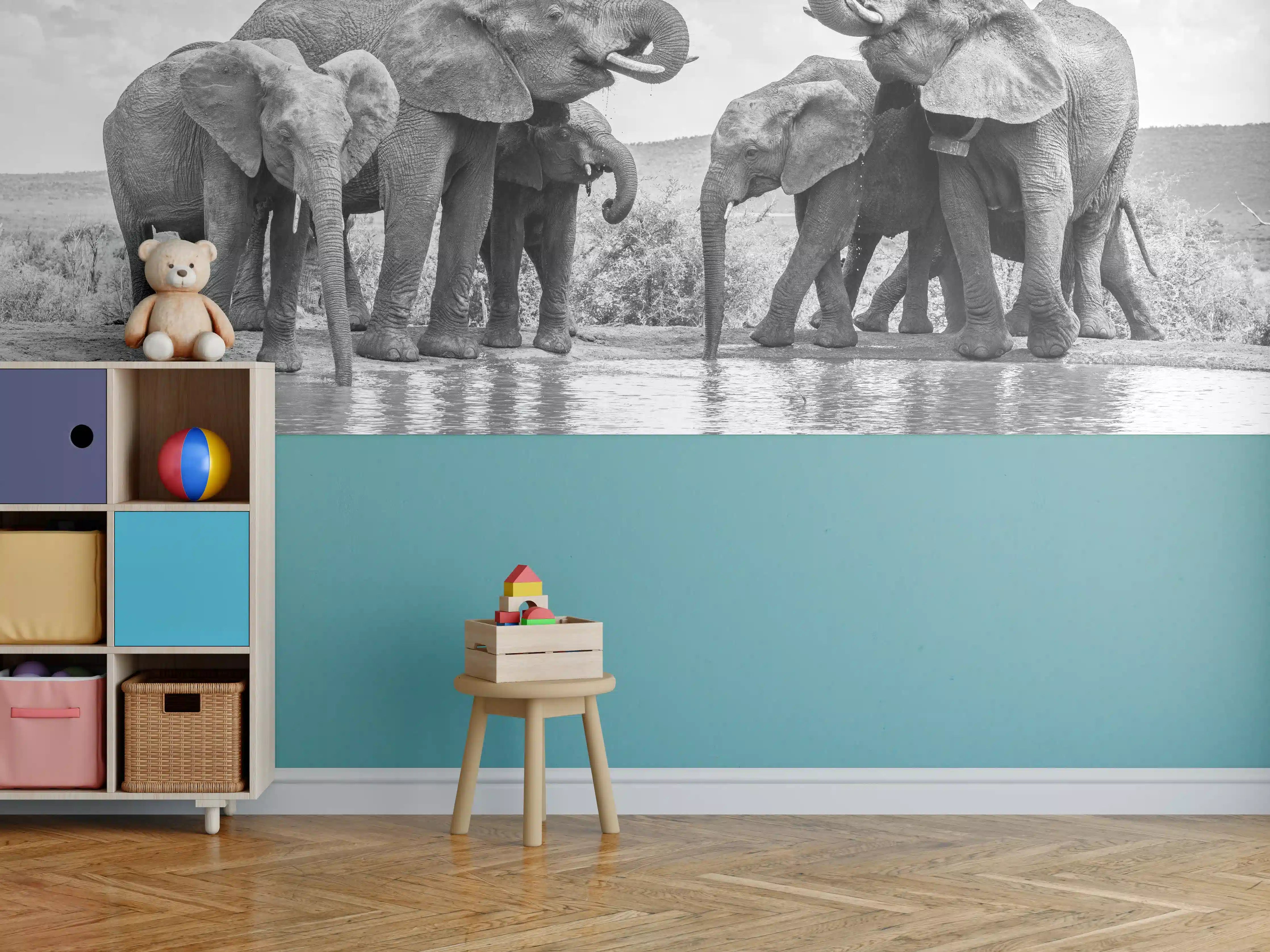 Kinderzimmer Wandgestaltung - Elefanten an der Wasserstelle