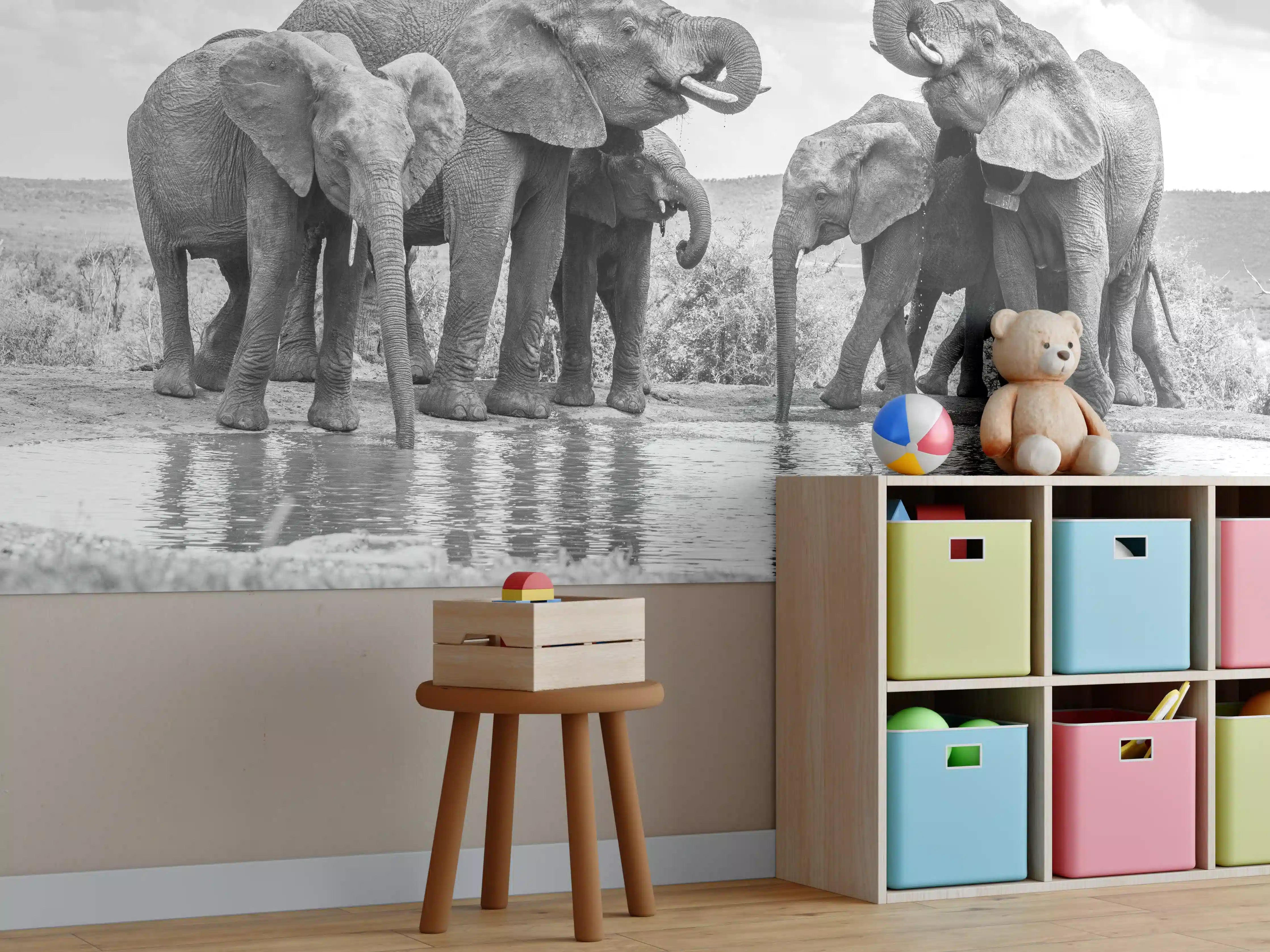 Kinderzimmer Wandgestaltung - Elefanten an der Wasserstelle