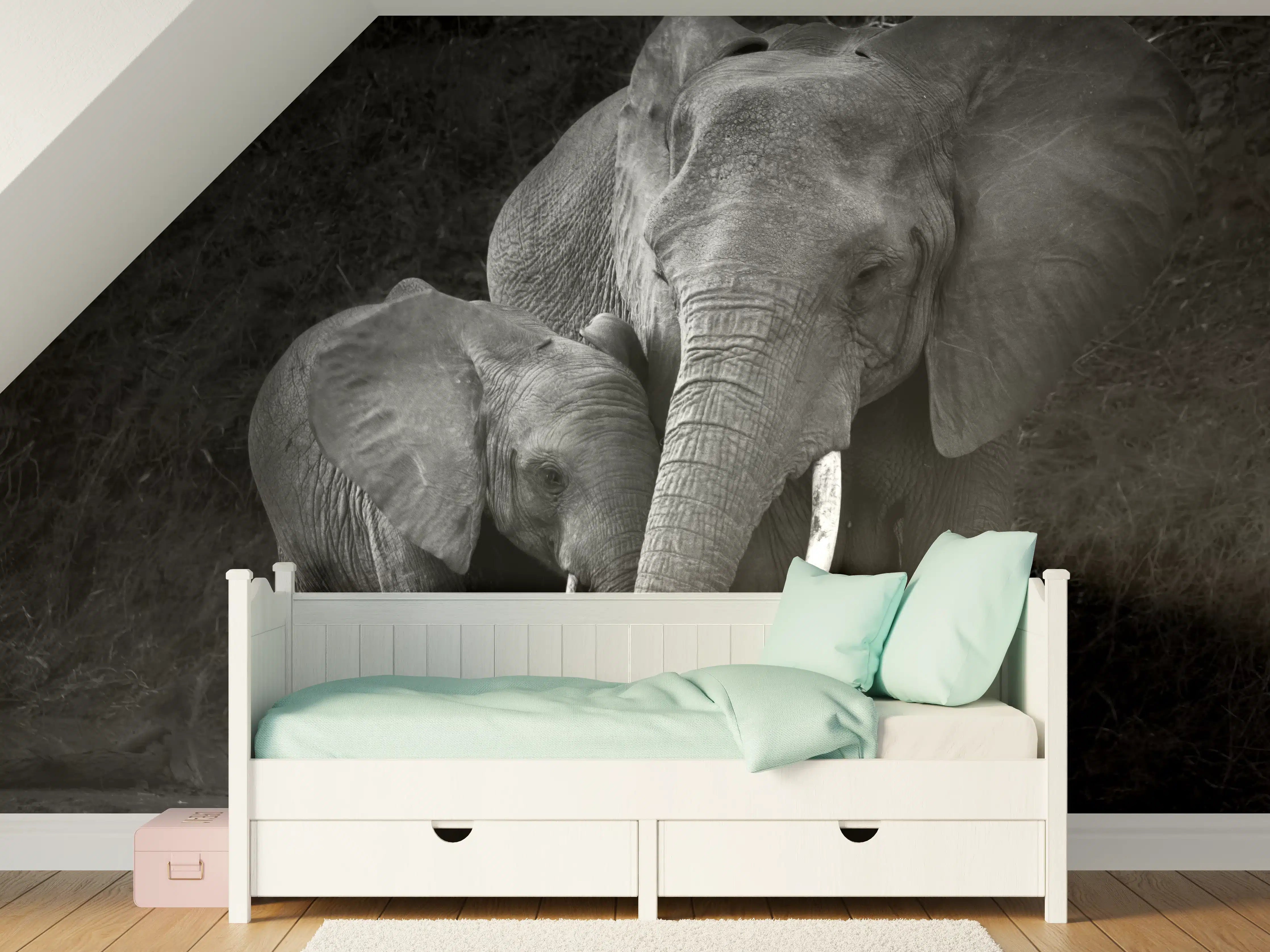 Kinderzimmer Wandgestaltung - Elefanten in der Natur - schwarz-weiß