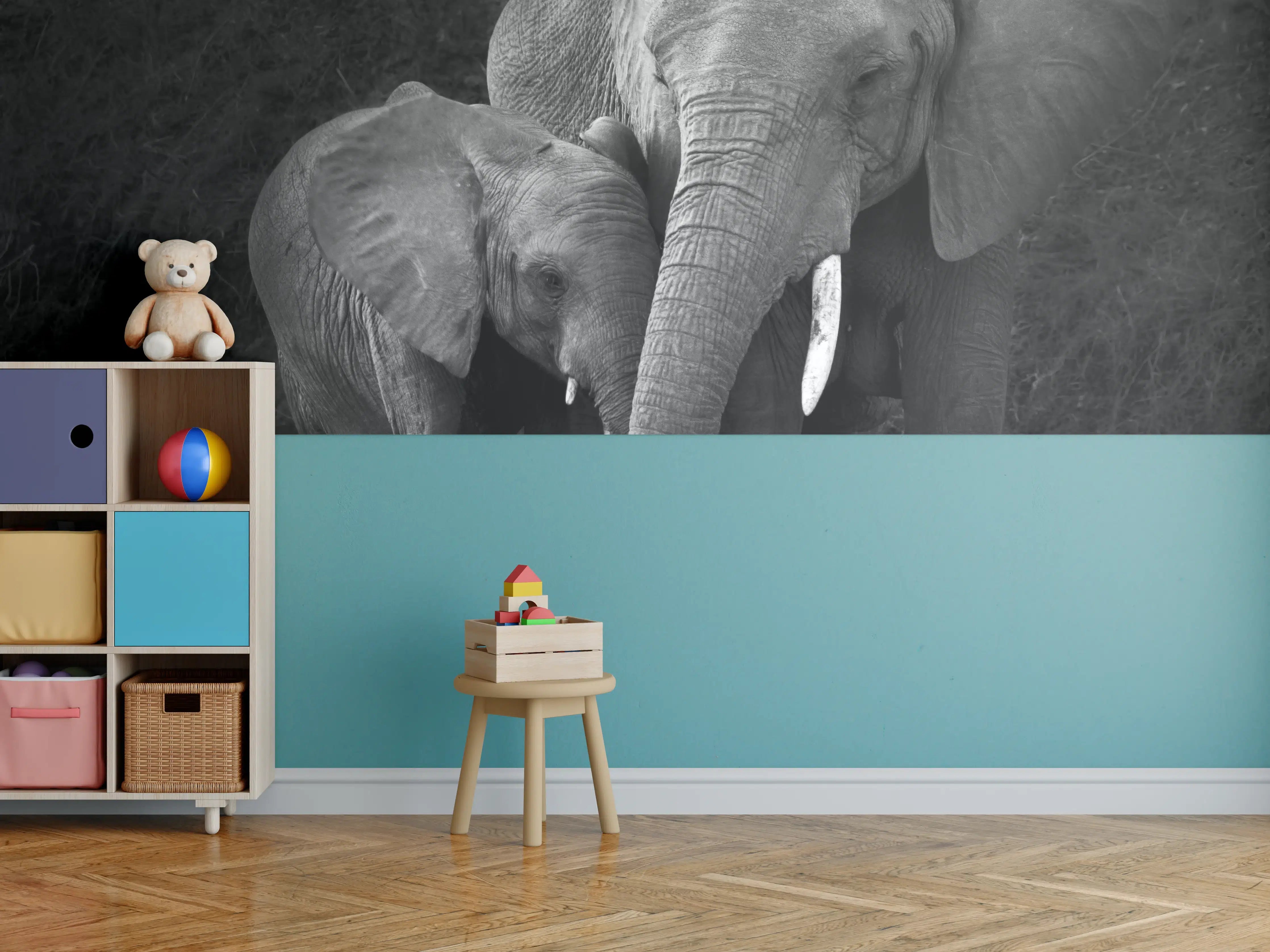 Kinderzimmer Wandgestaltung - Elefanten in der Natur - schwarz-weiß