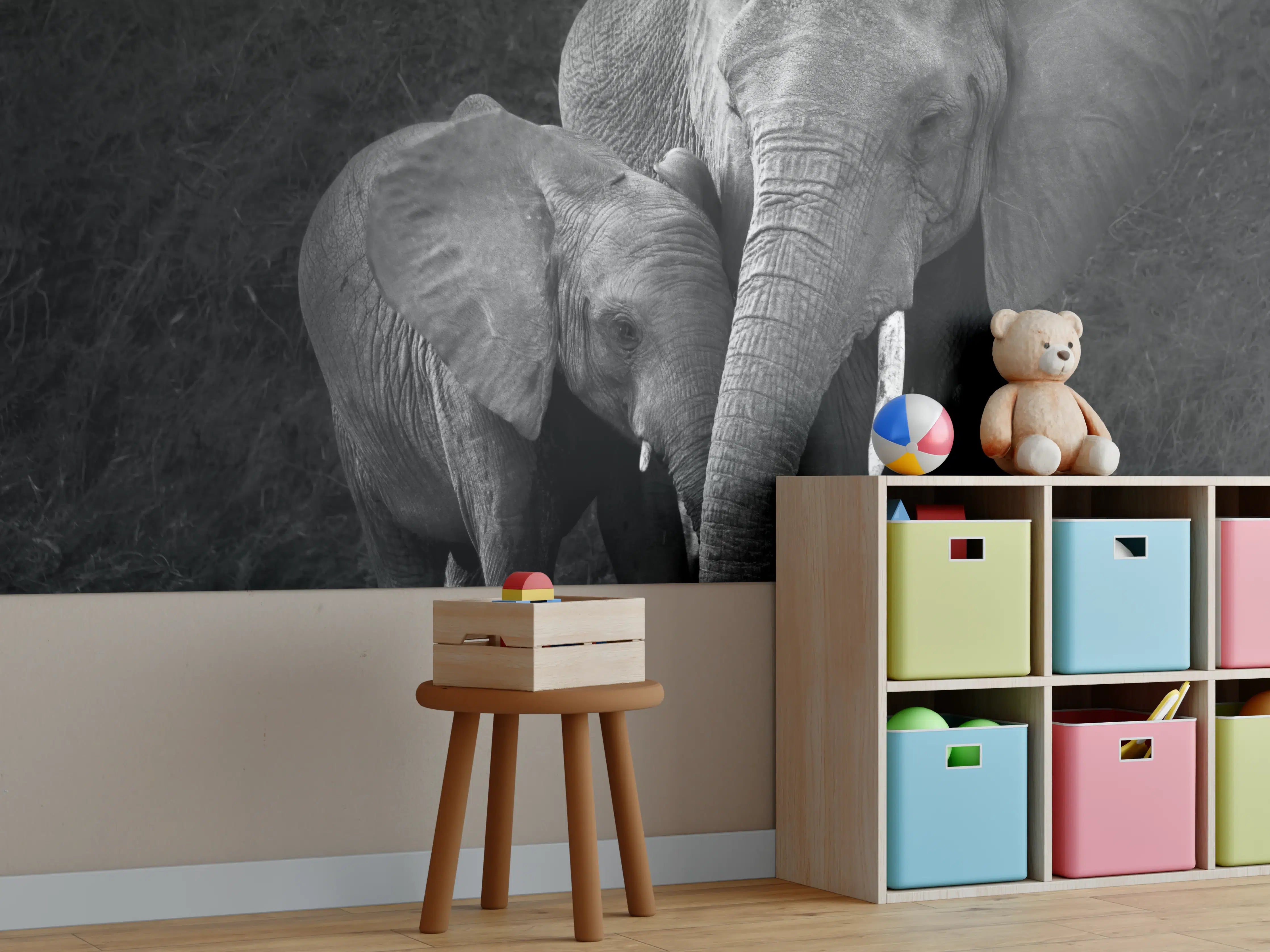 Kinderzimmer Wandgestaltung - Elefanten in der Natur - schwarz-weiß