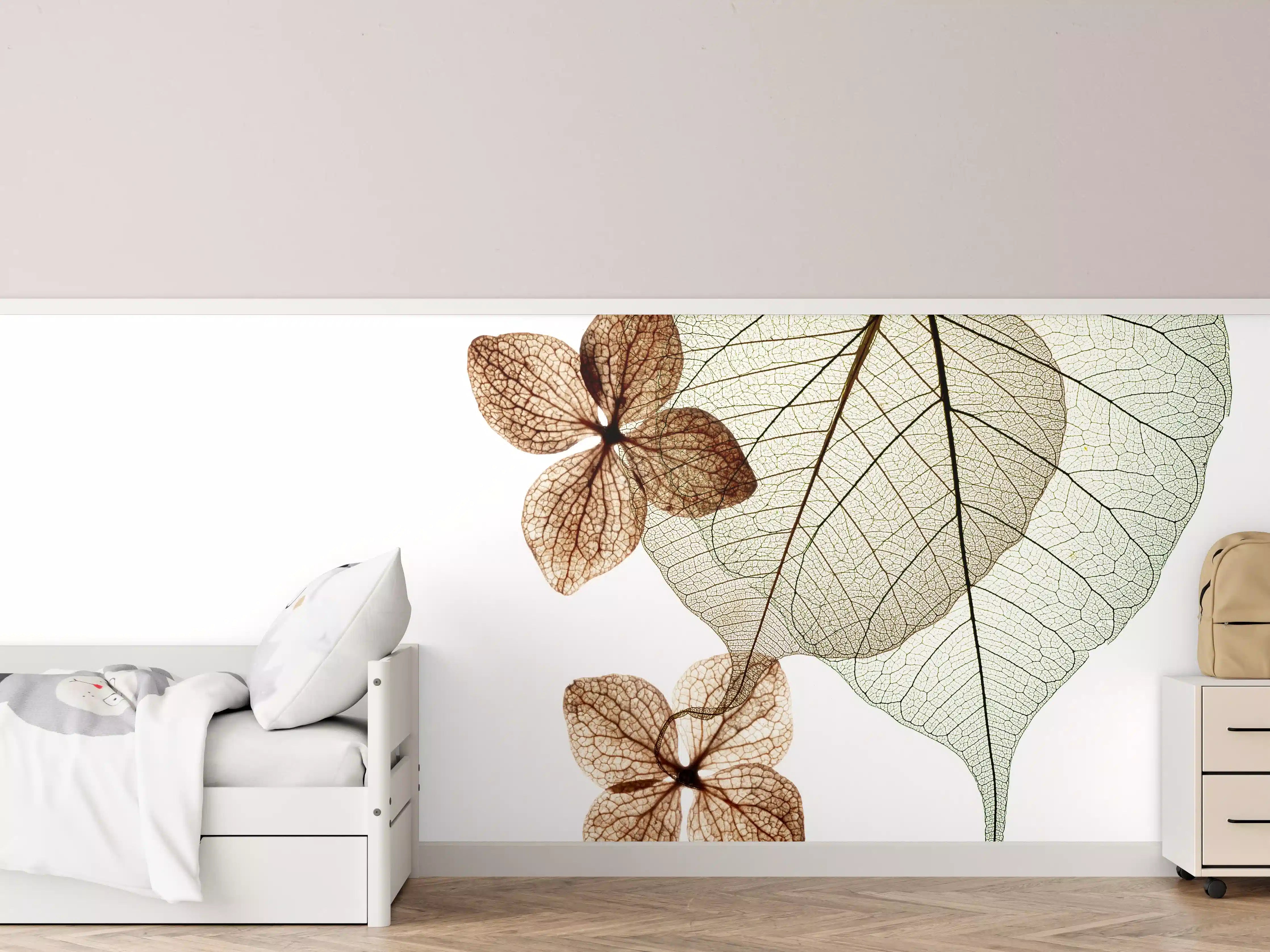 Kinderzimmer Wandgestaltung - Elegante Blattadern in Weiß-Grau