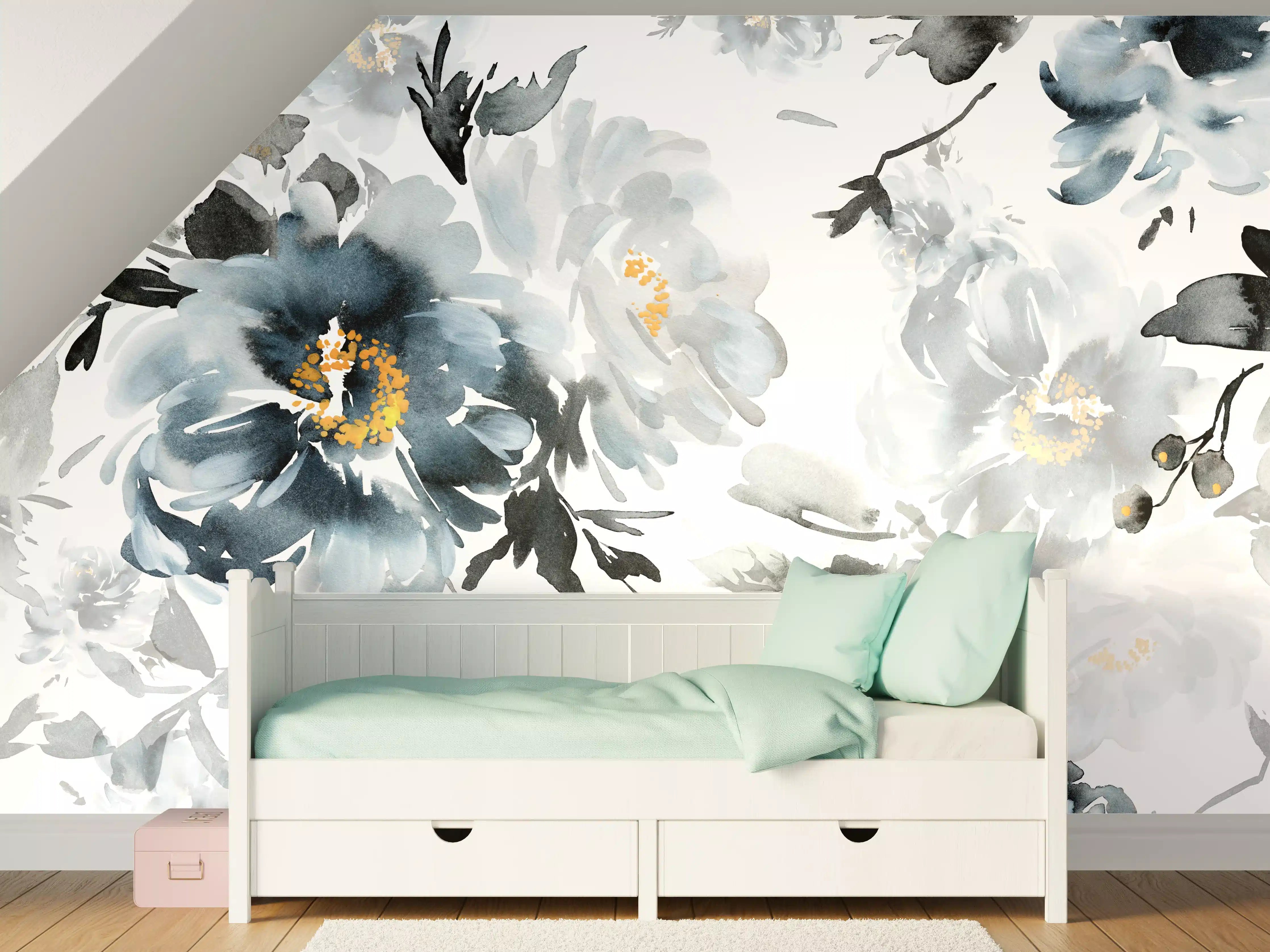 Kinderzimmer Wandgestaltung - Elegante Blaue Blumen Wandgestaltung