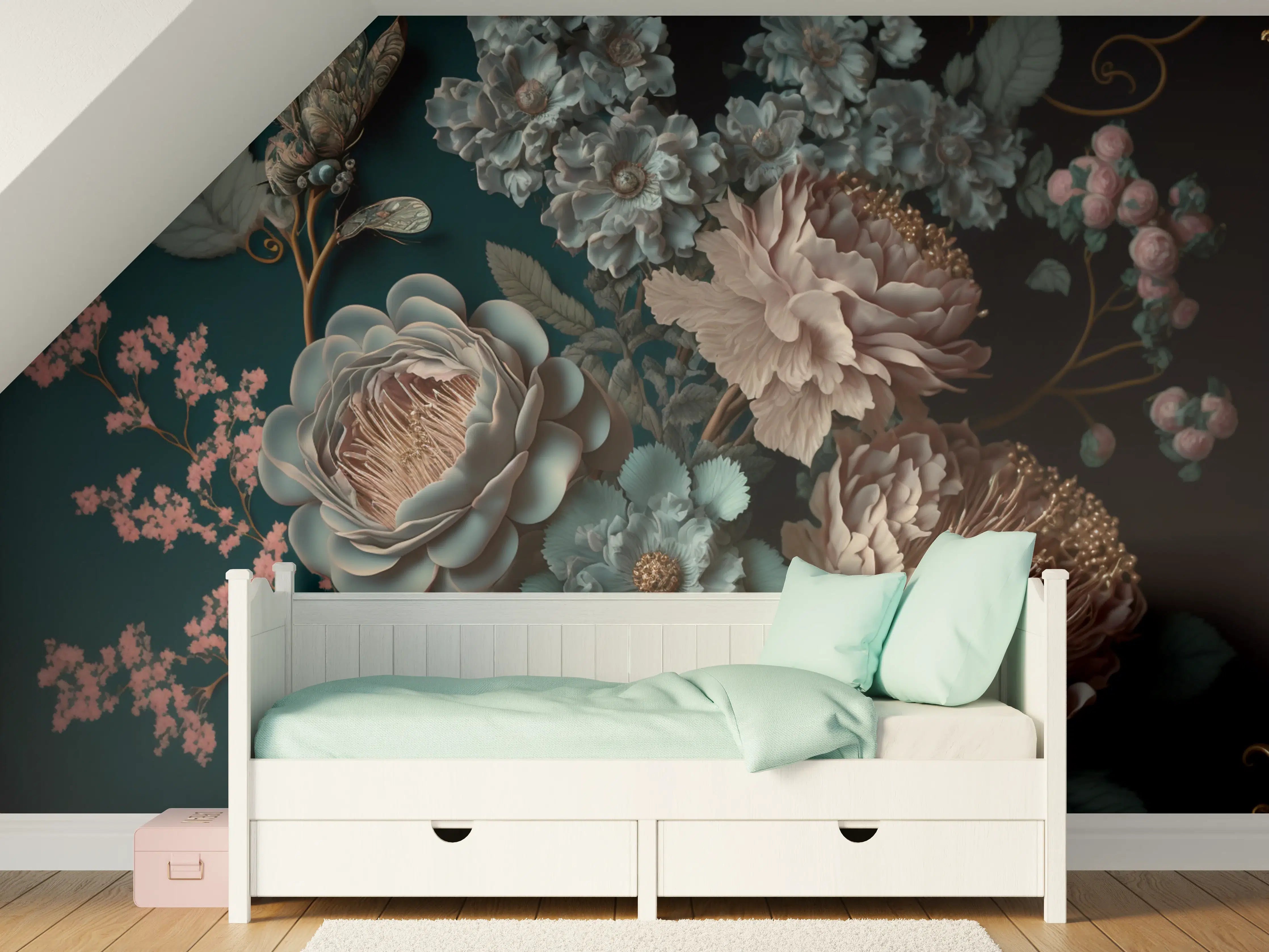 Kinderzimmer Wandgestaltung - Elegante Blumenkomposition in dunklen Tönen