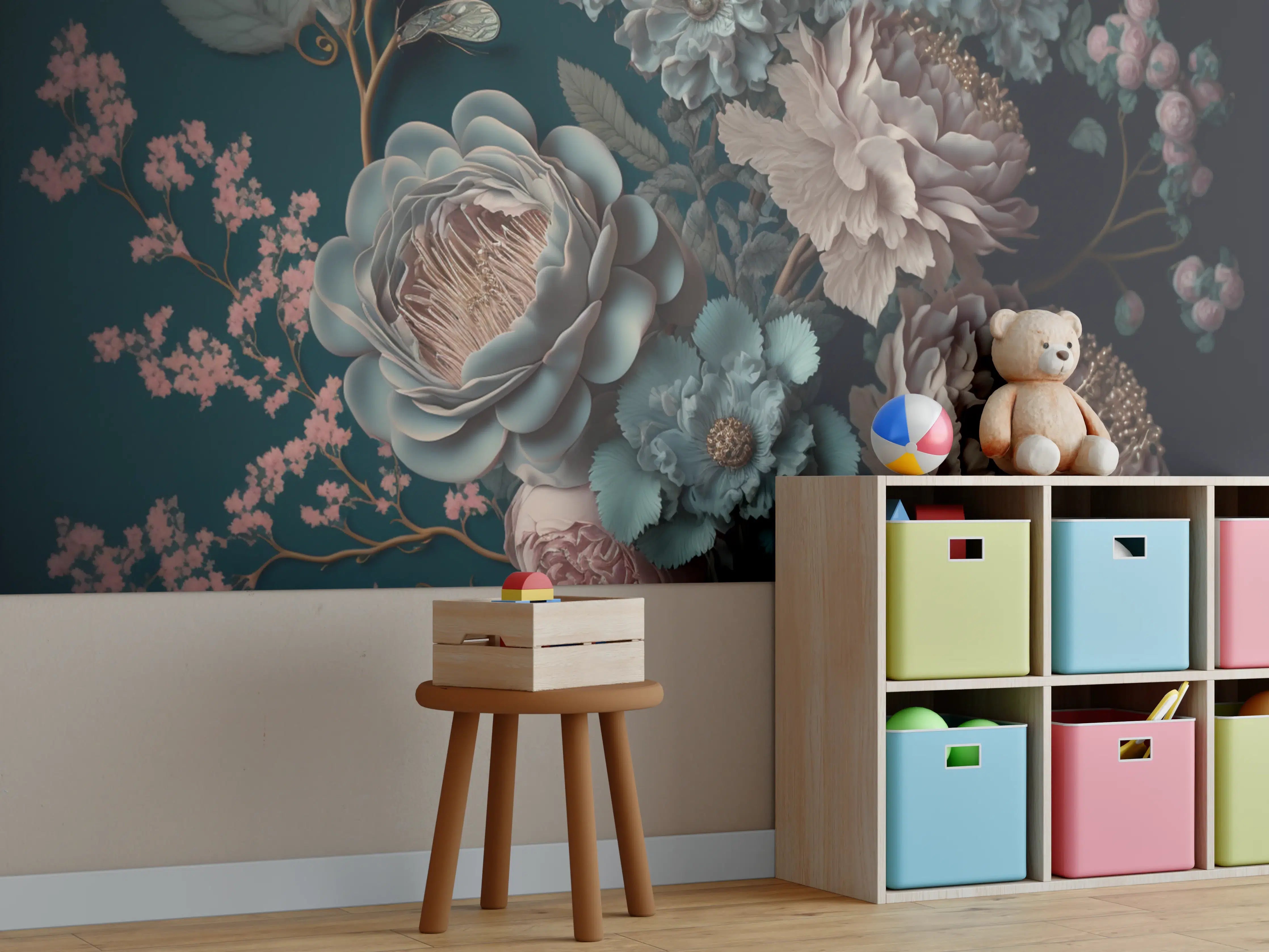 Kinderzimmer Wandgestaltung - Elegante Blumenkomposition in dunklen Tönen