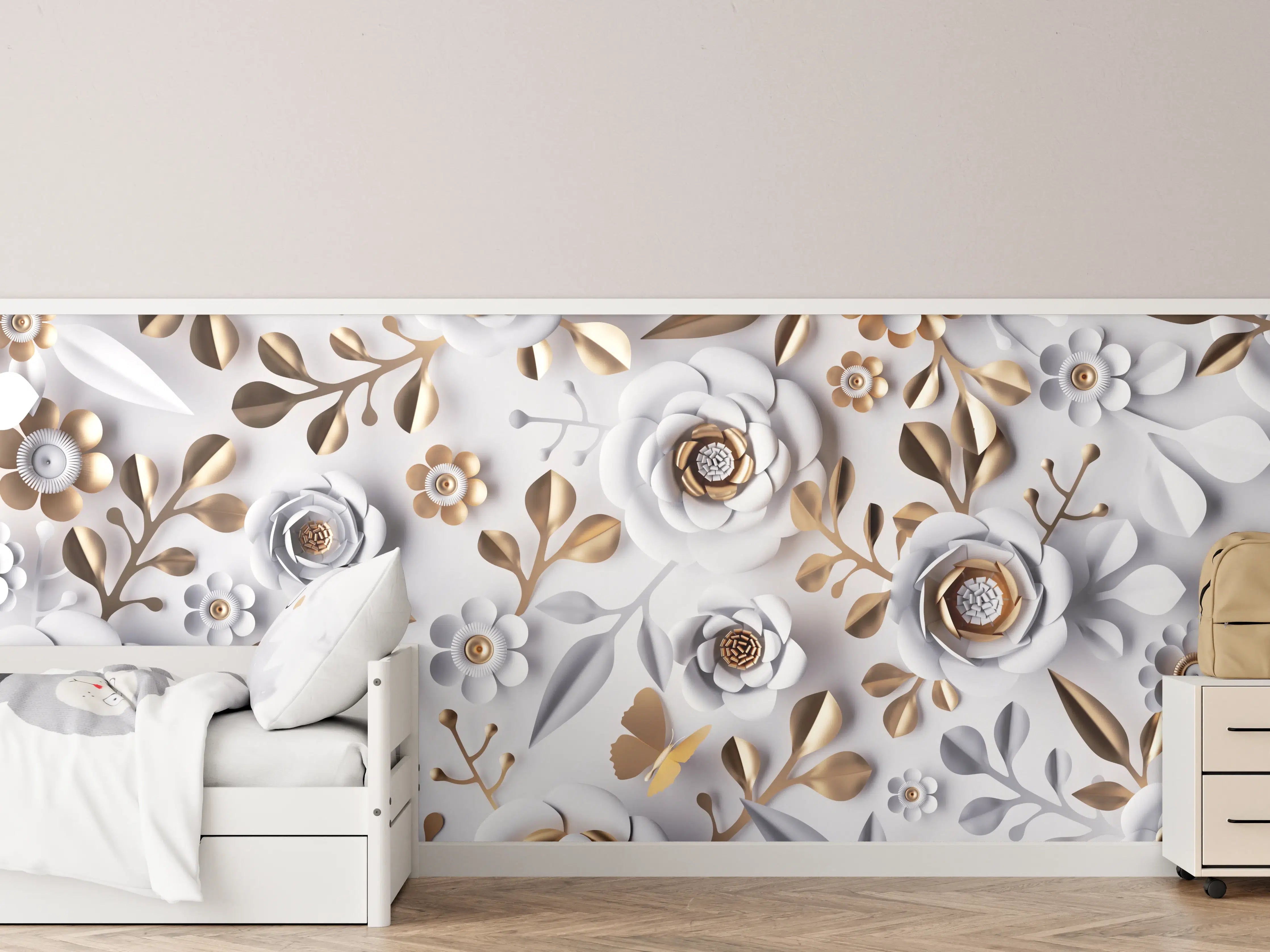 Kinderzimmer Wandgestaltung - Elegante Blumenmuster in Gold- und Weißtönen