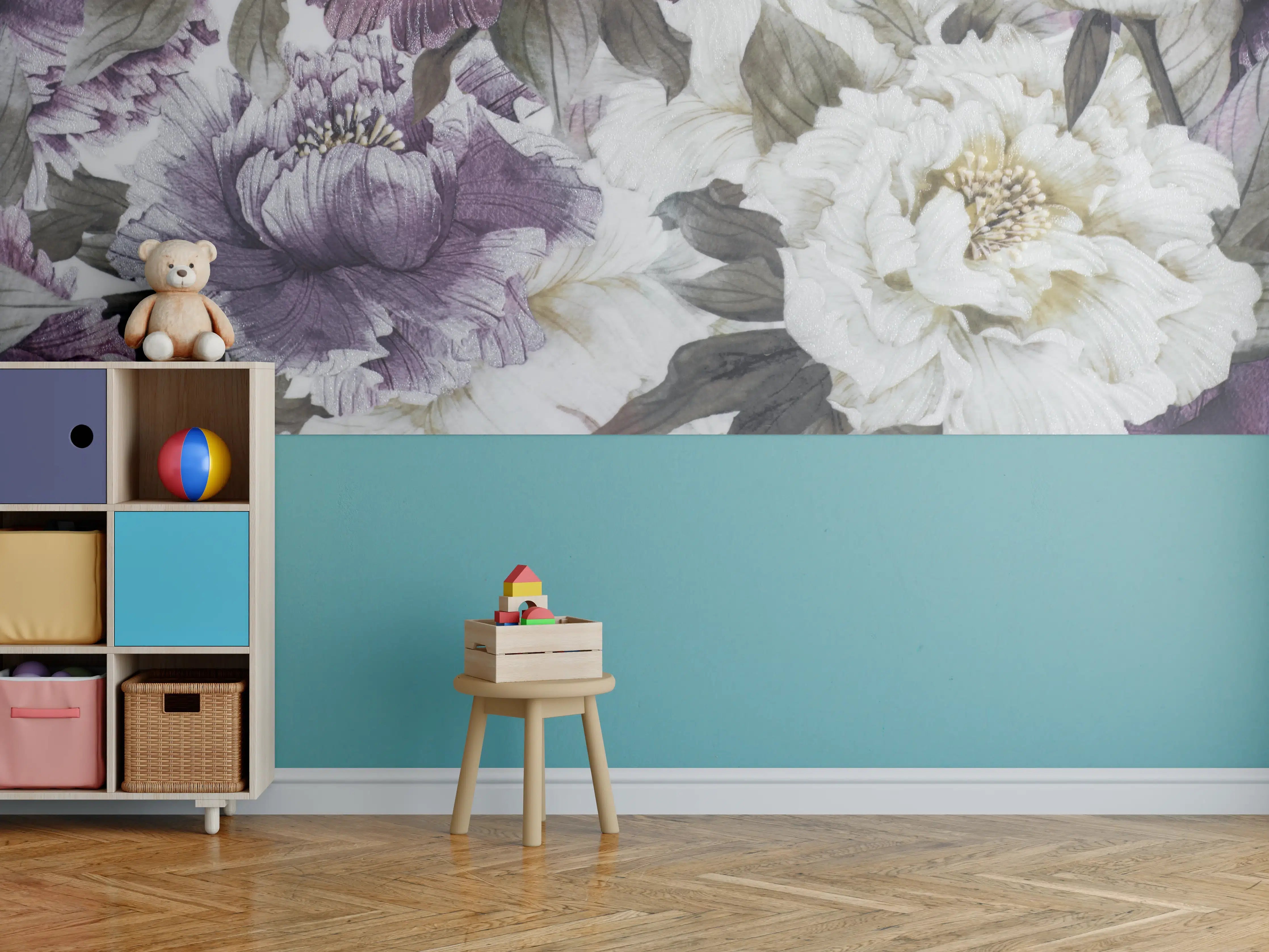 Kinderzimmer Wandgestaltung - Elegante Blumenmuster in Purpur und Creme
