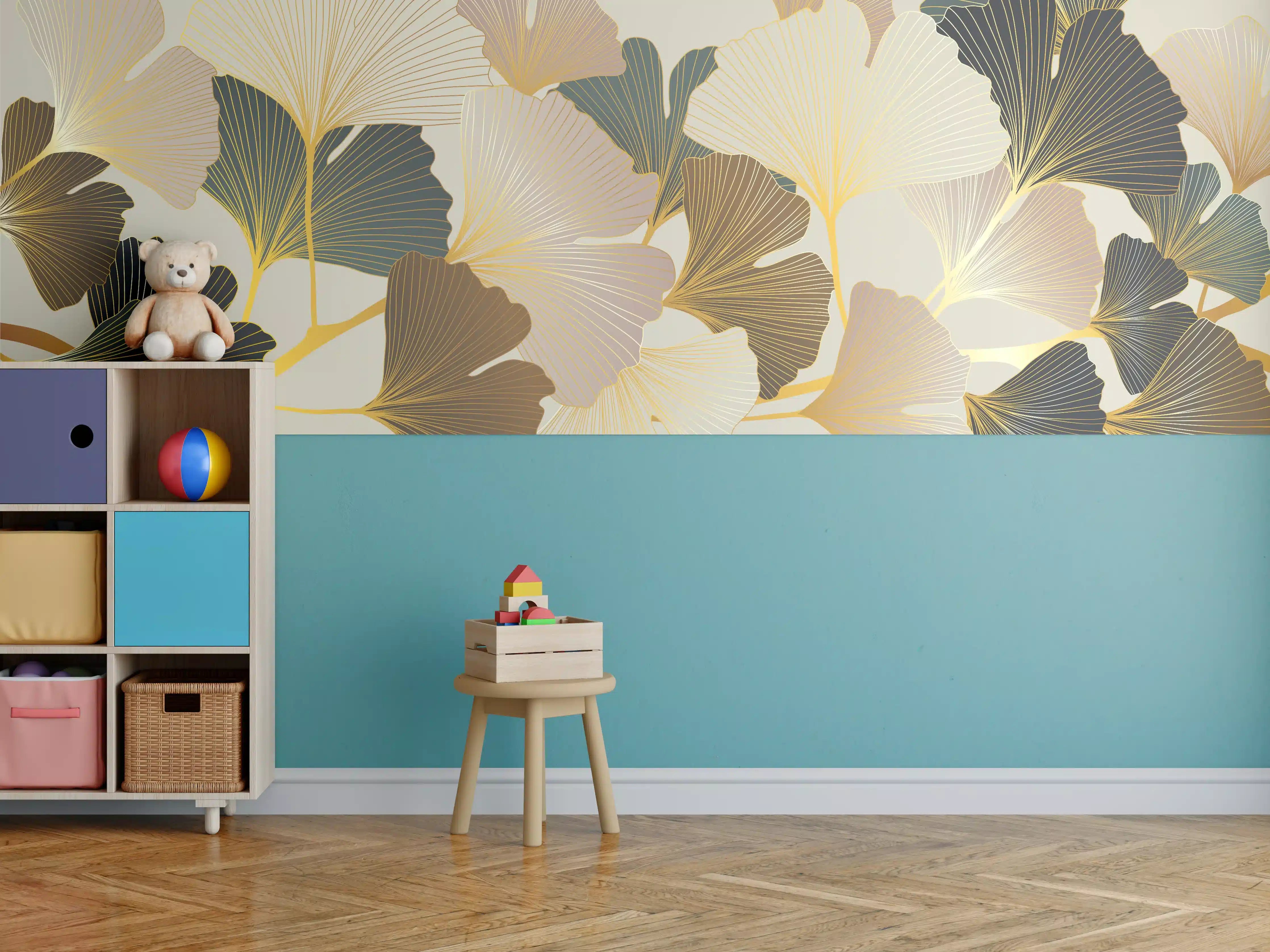 Kinderzimmer Wandgestaltung - Elegante Ginkgo-Blätter in Gold- und Silbertönen