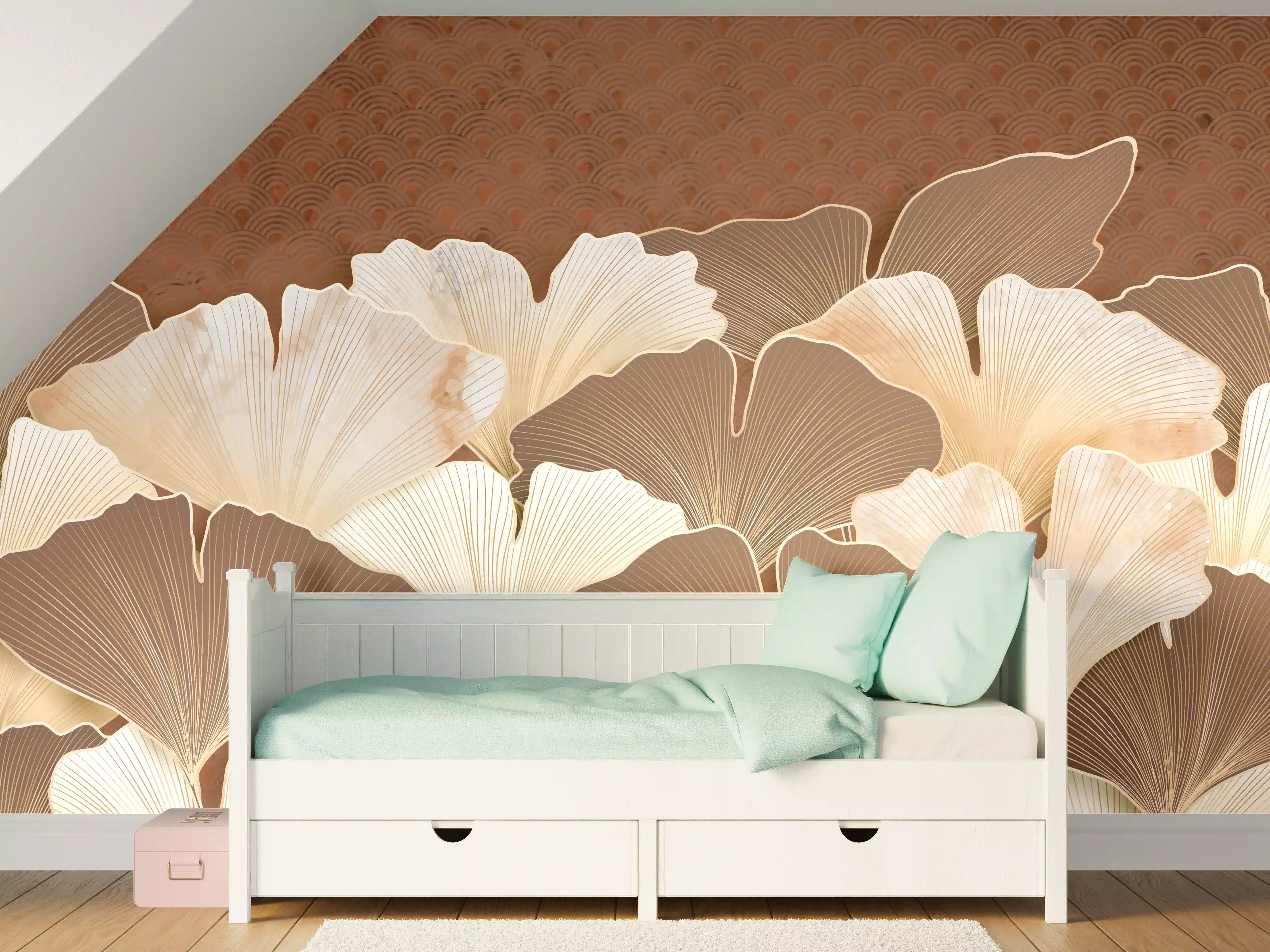 Kinderzimmer Wandgestaltung - Elegante Ginkgo-Blätter in Neutralen Tönen