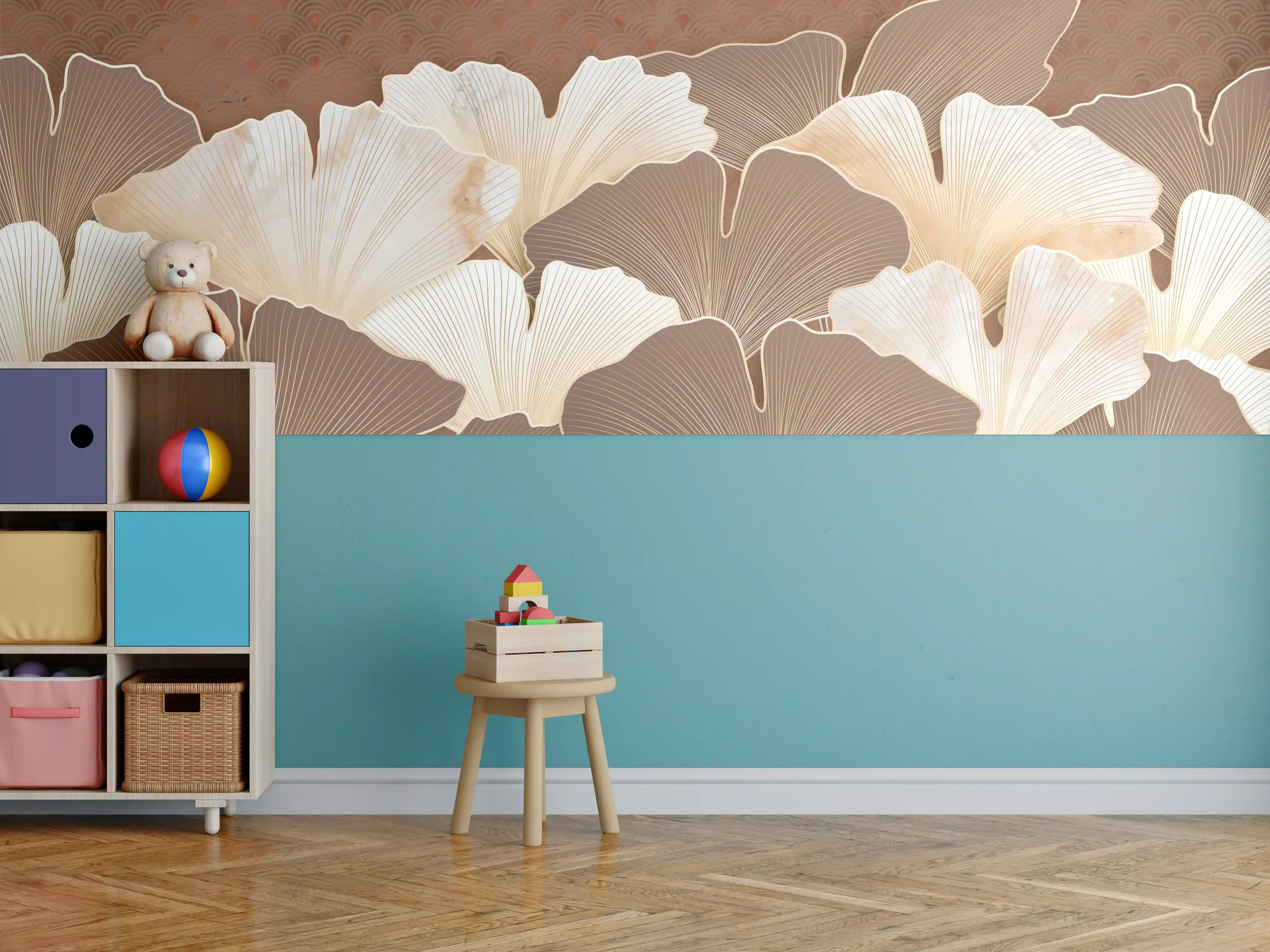 Kinderzimmer Wandgestaltung - Elegante Ginkgo-Blätter in Neutralen Tönen