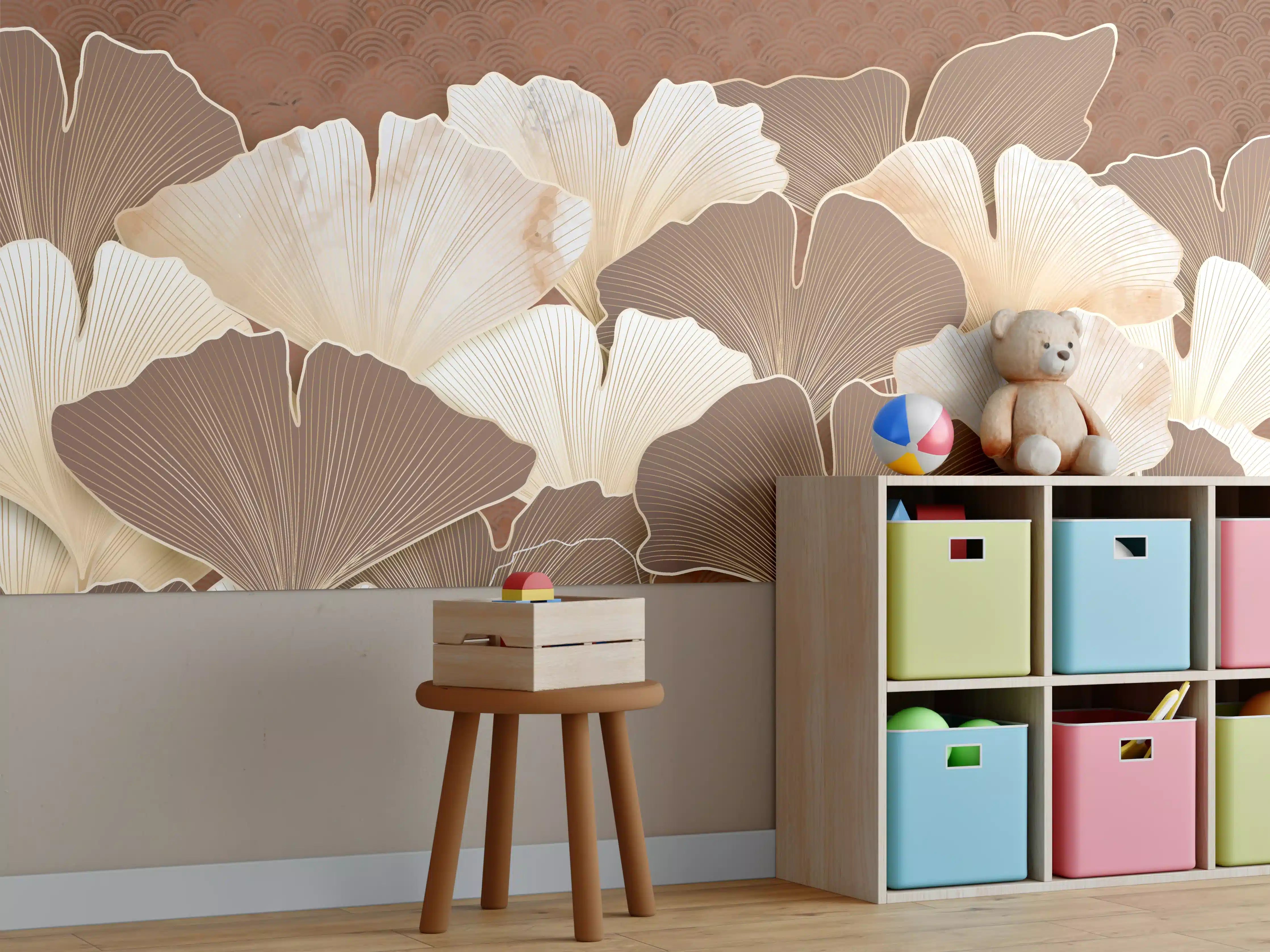 Kinderzimmer Wandgestaltung - Elegante Ginkgo-Blätter in Neutralen Tönen