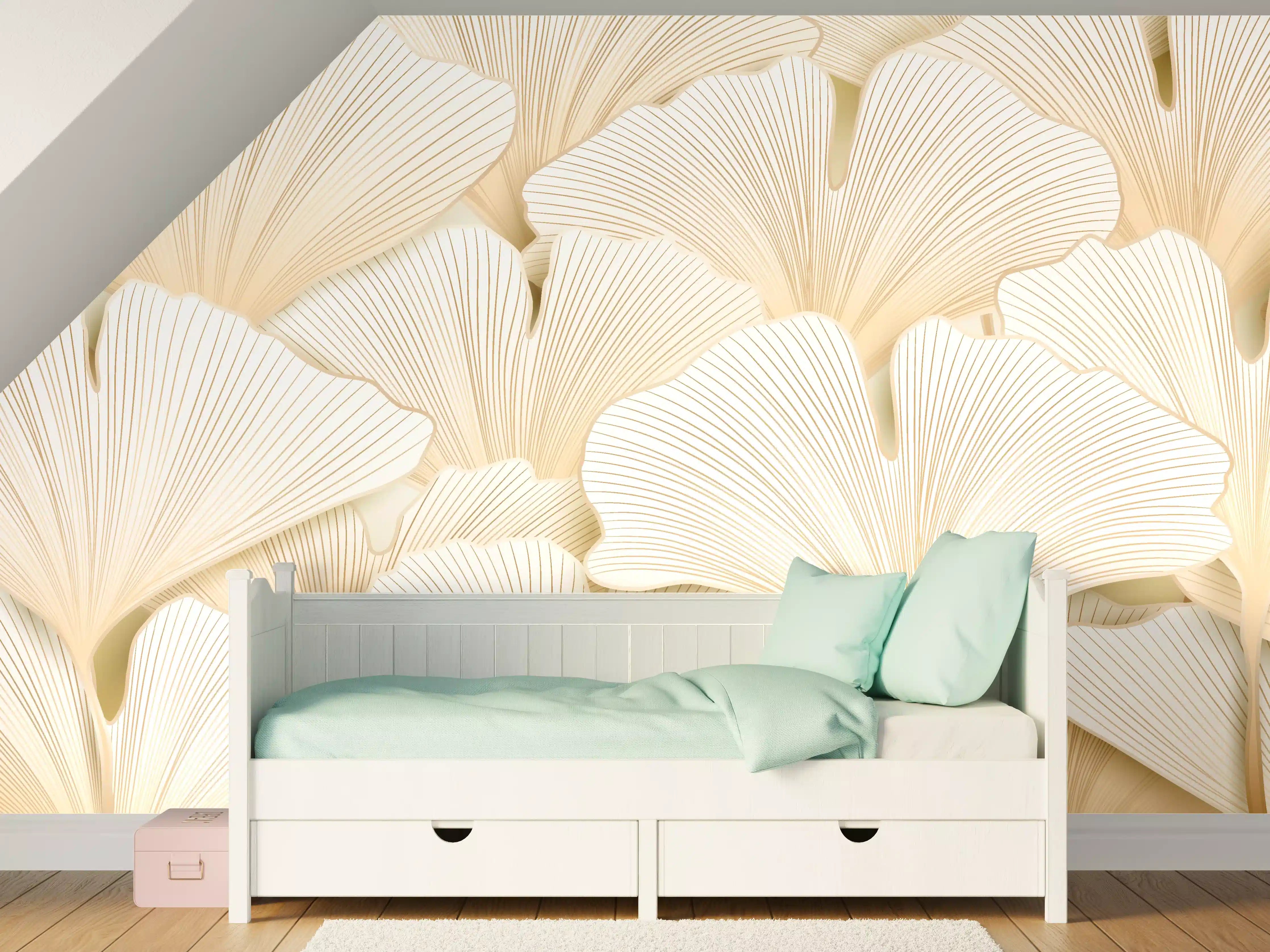 Kinderzimmer Wandgestaltung - Elegante Ginkgoblätter in Beige
