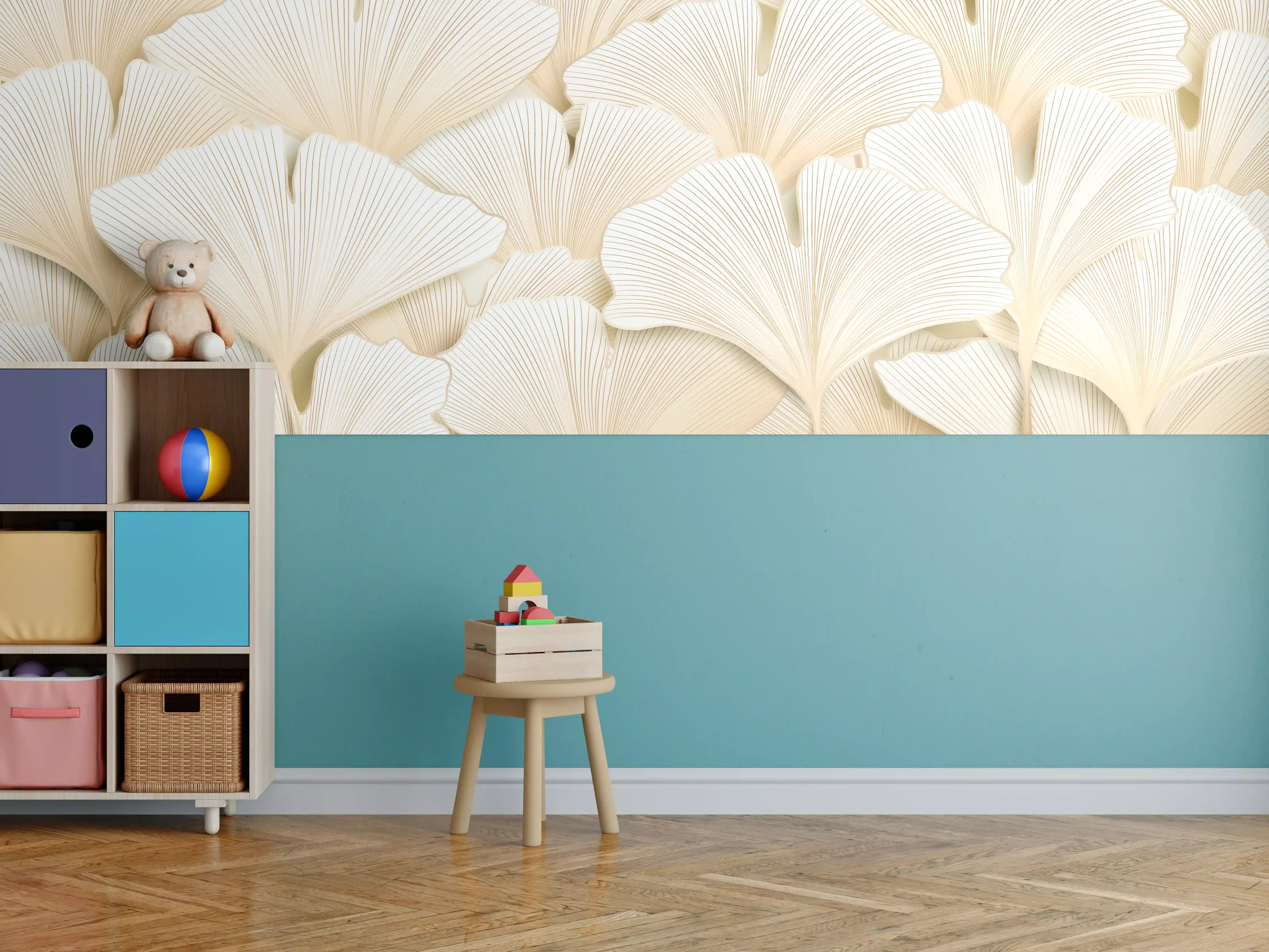 Kinderzimmer Wandgestaltung - Elegante Ginkgoblätter in Beige