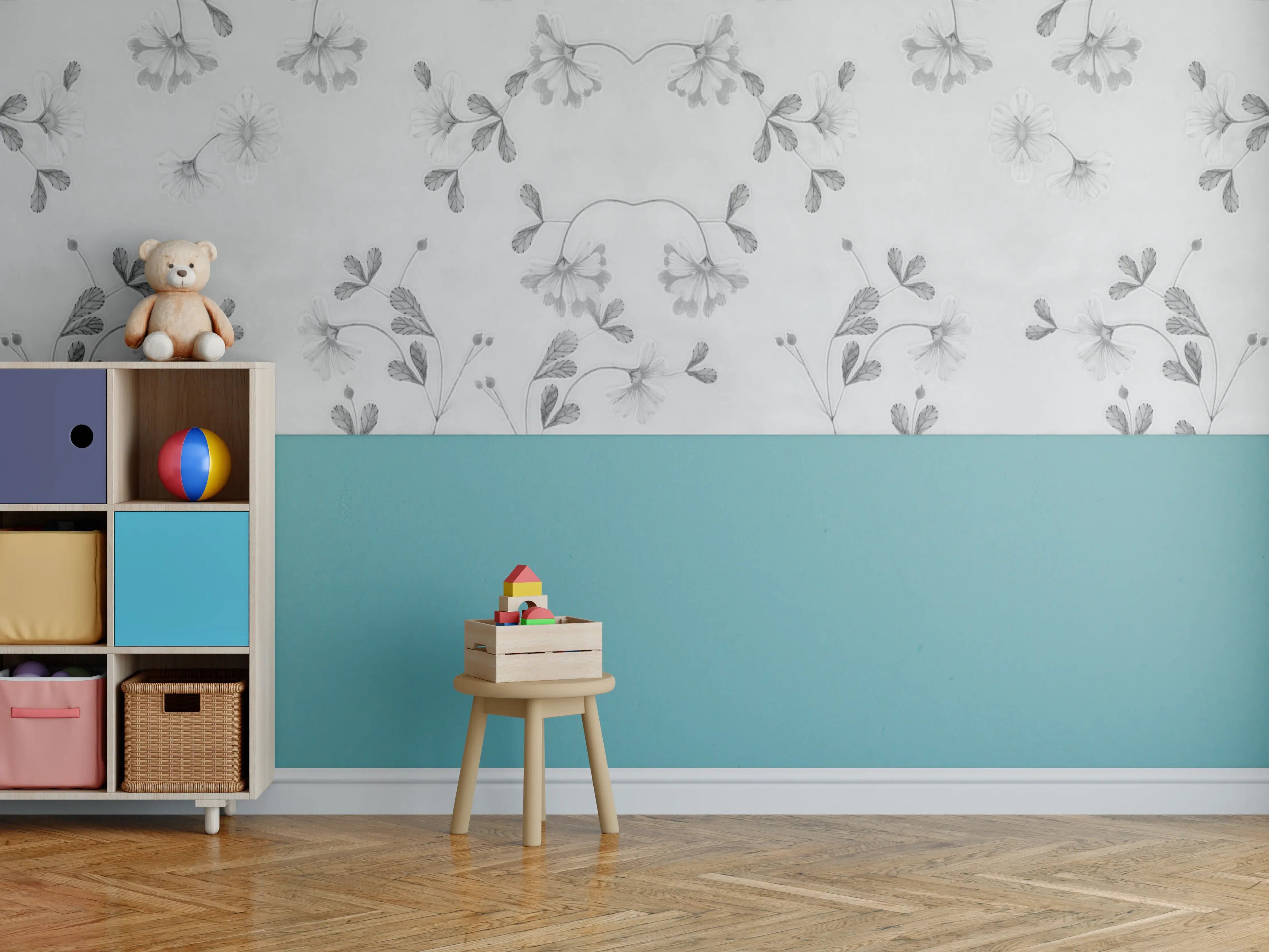 Kinderzimmer Wandgestaltung - Elegante Grau-Weiße Blumenmuster