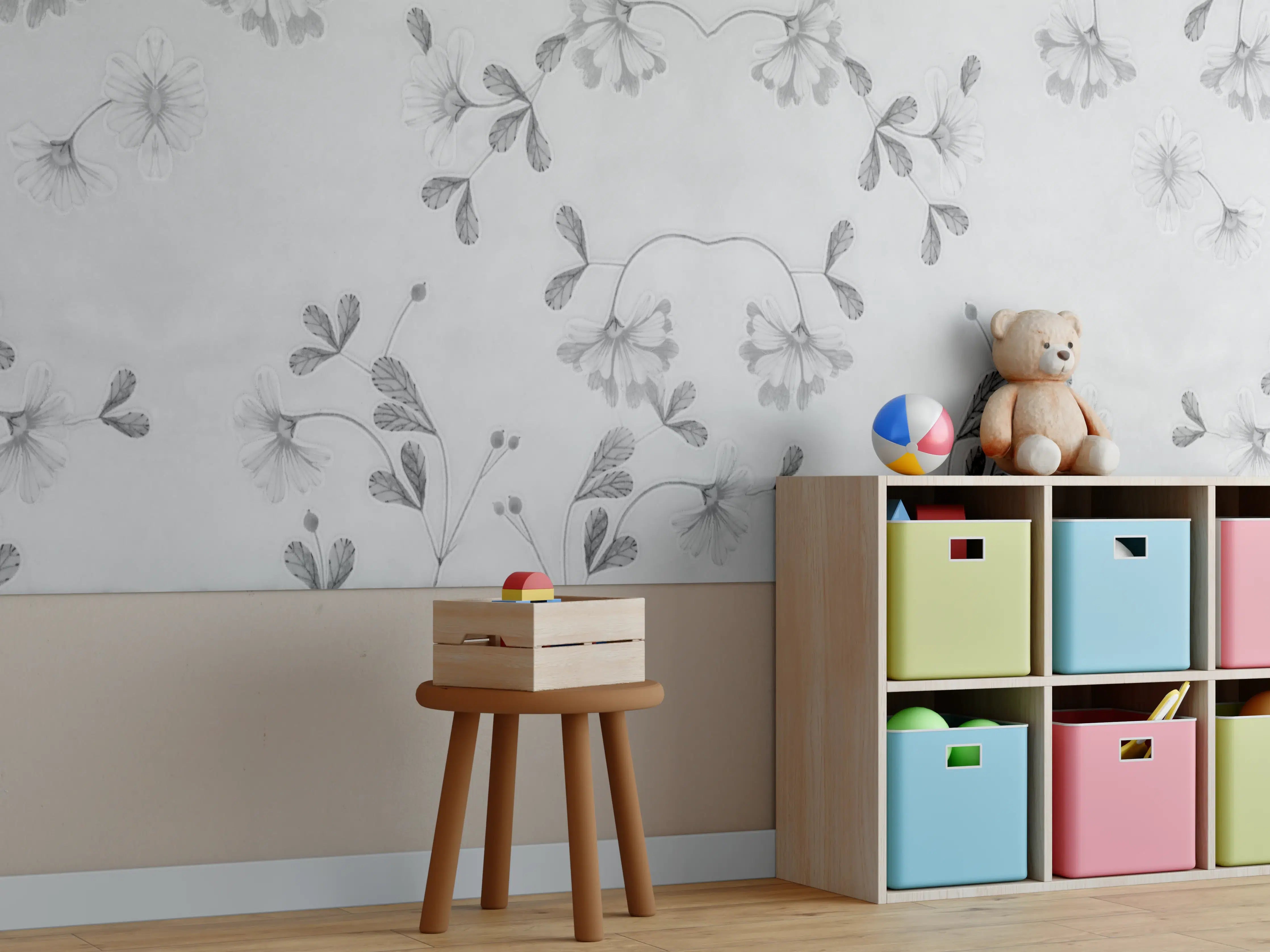 Kinderzimmer Wandgestaltung - Elegante Grau-Weiße Blumenmuster