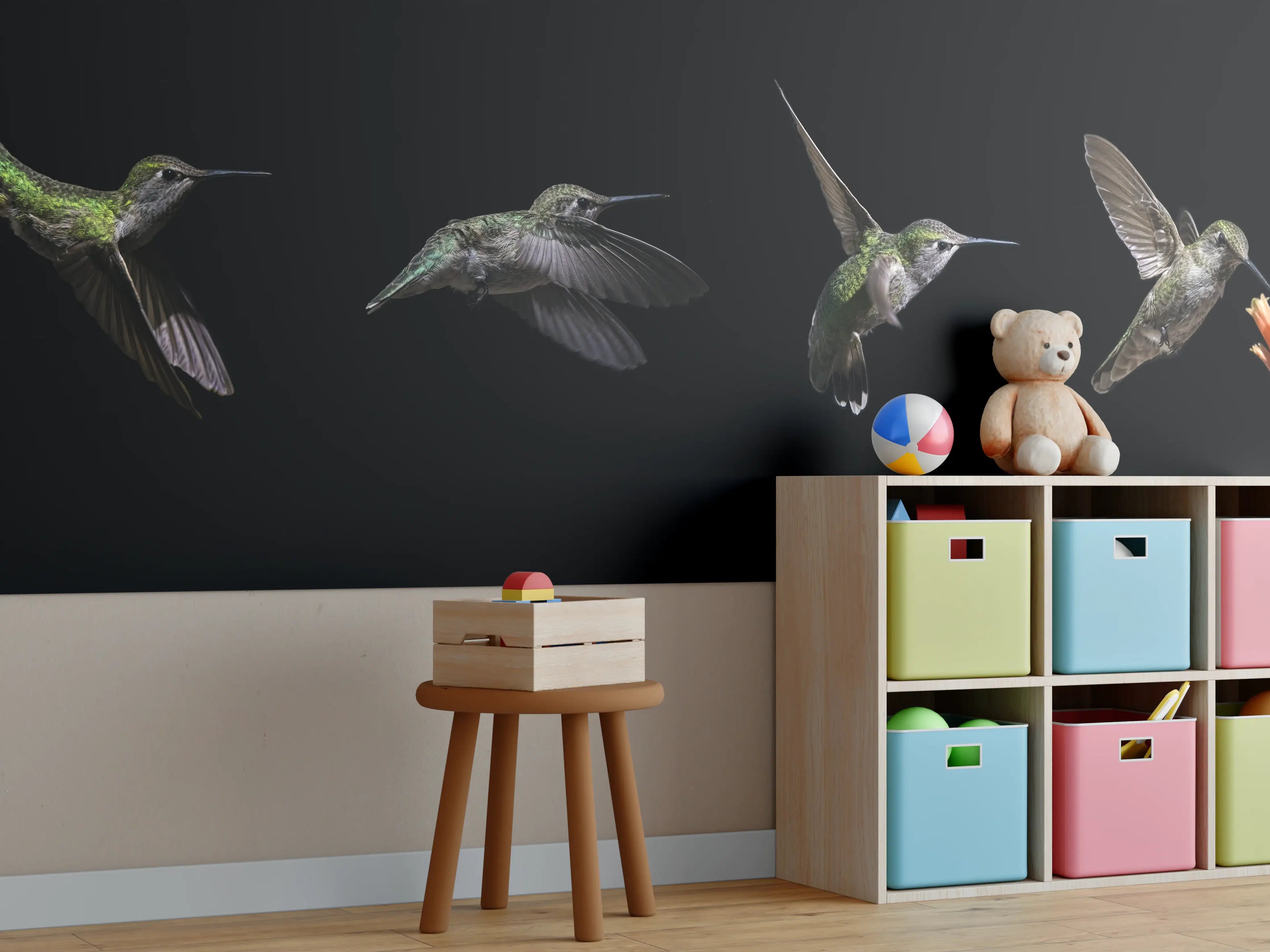 Kinderzimmer Wandgestaltung - Elegante Hummingbird-Serie auf schwarzem Hintergrund