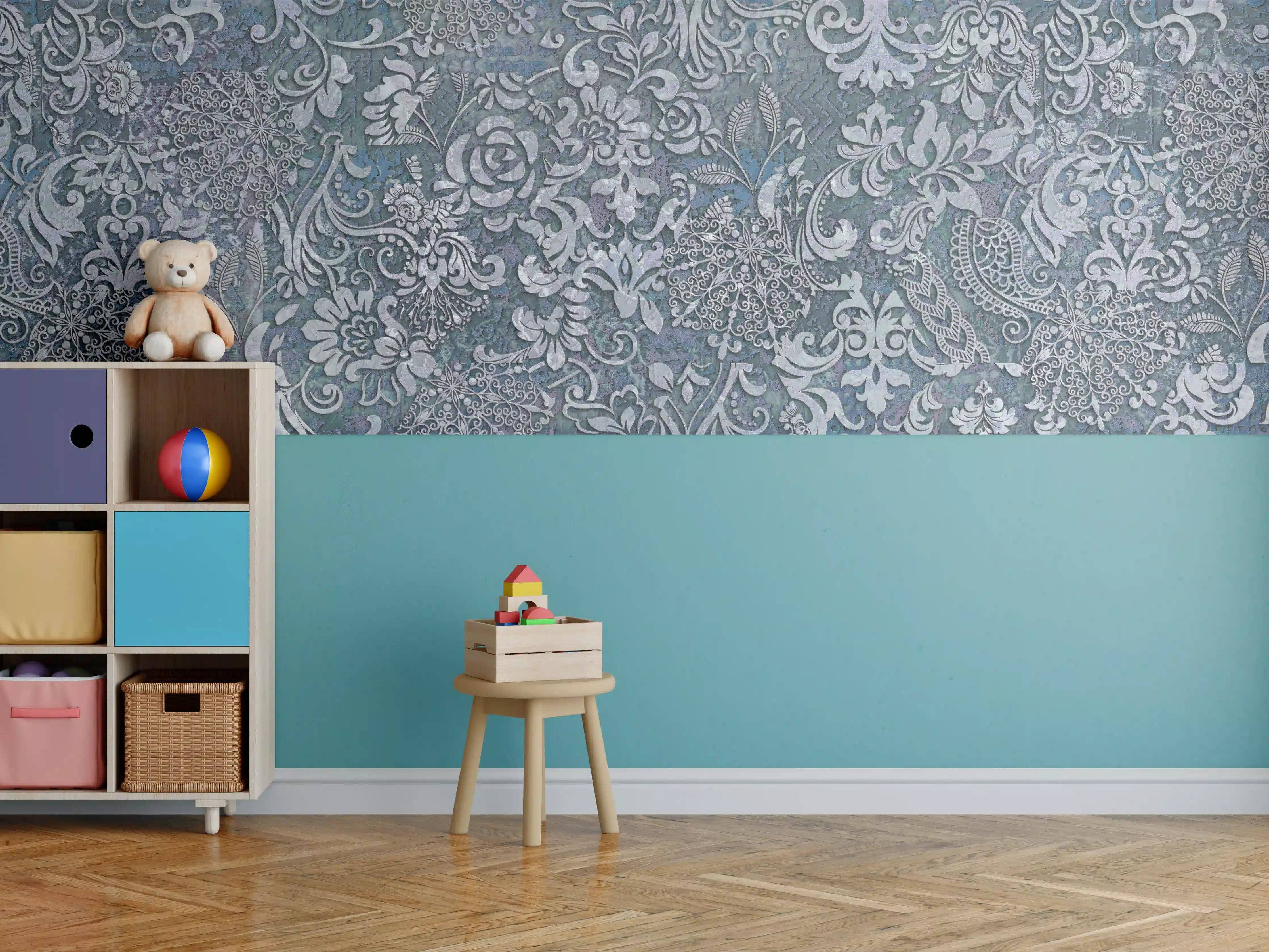 Kinderzimmer Wandgestaltung - Elegante Ikat-Textur in Blau-Grau