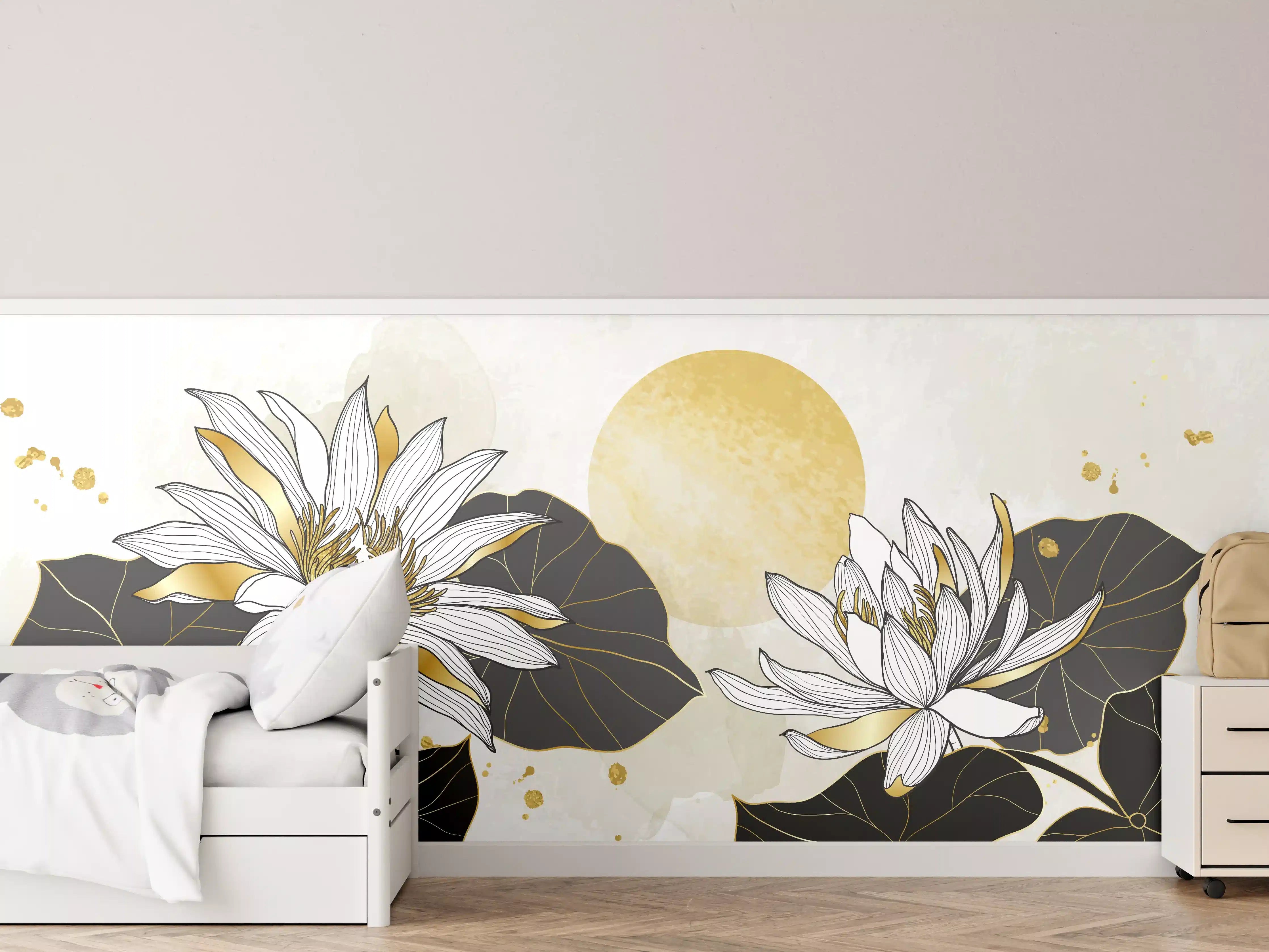 Kinderzimmer Wandgestaltung - Elegante Lotusblumen in Gold und Schwarz
