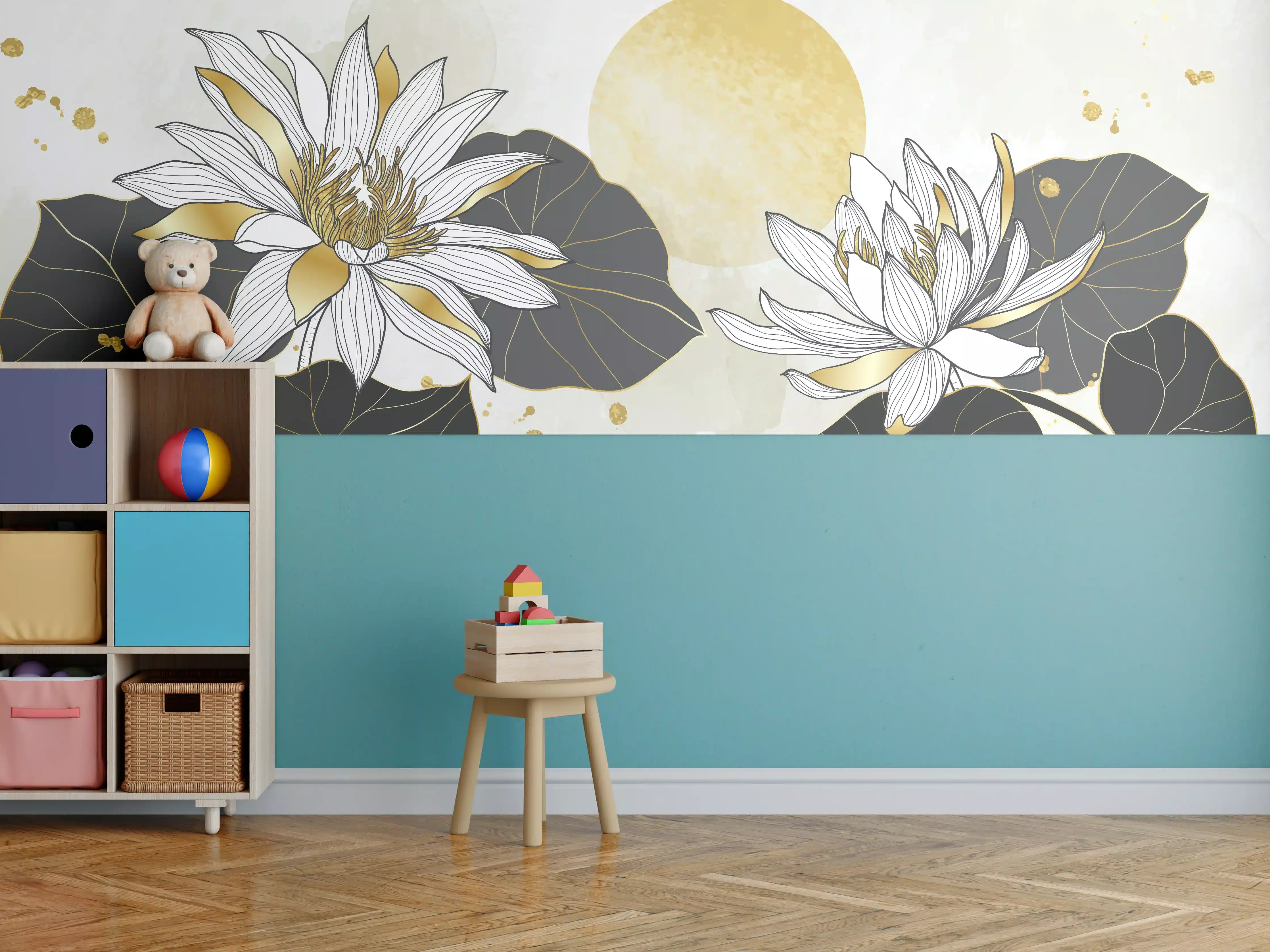 Kinderzimmer Wandgestaltung - Elegante Lotusblumen in Gold und Schwarz