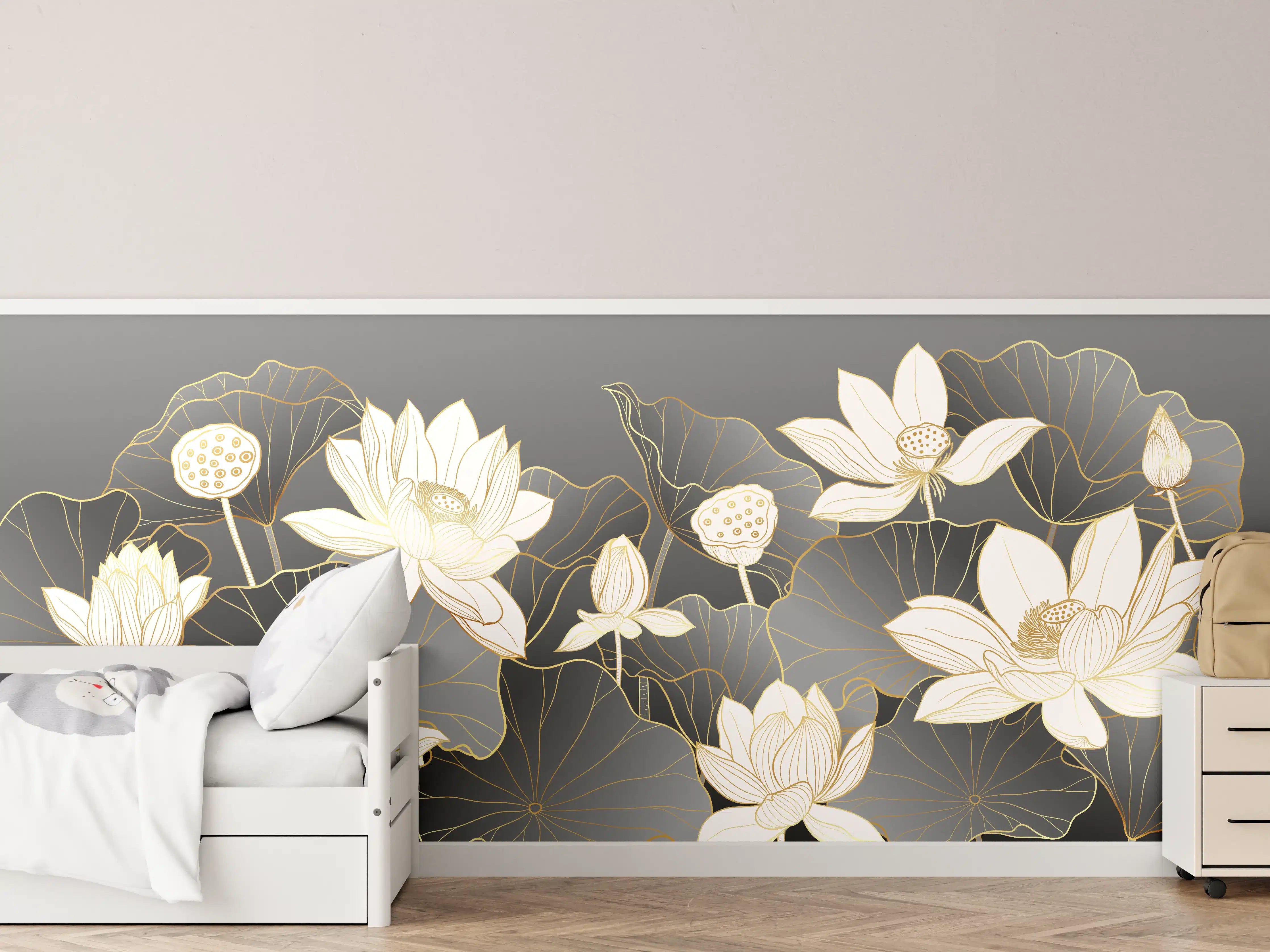 Kinderzimmer Wandgestaltung - Elegante Lotusblumen mit Goldakzenten auf dunklem Hintergrund