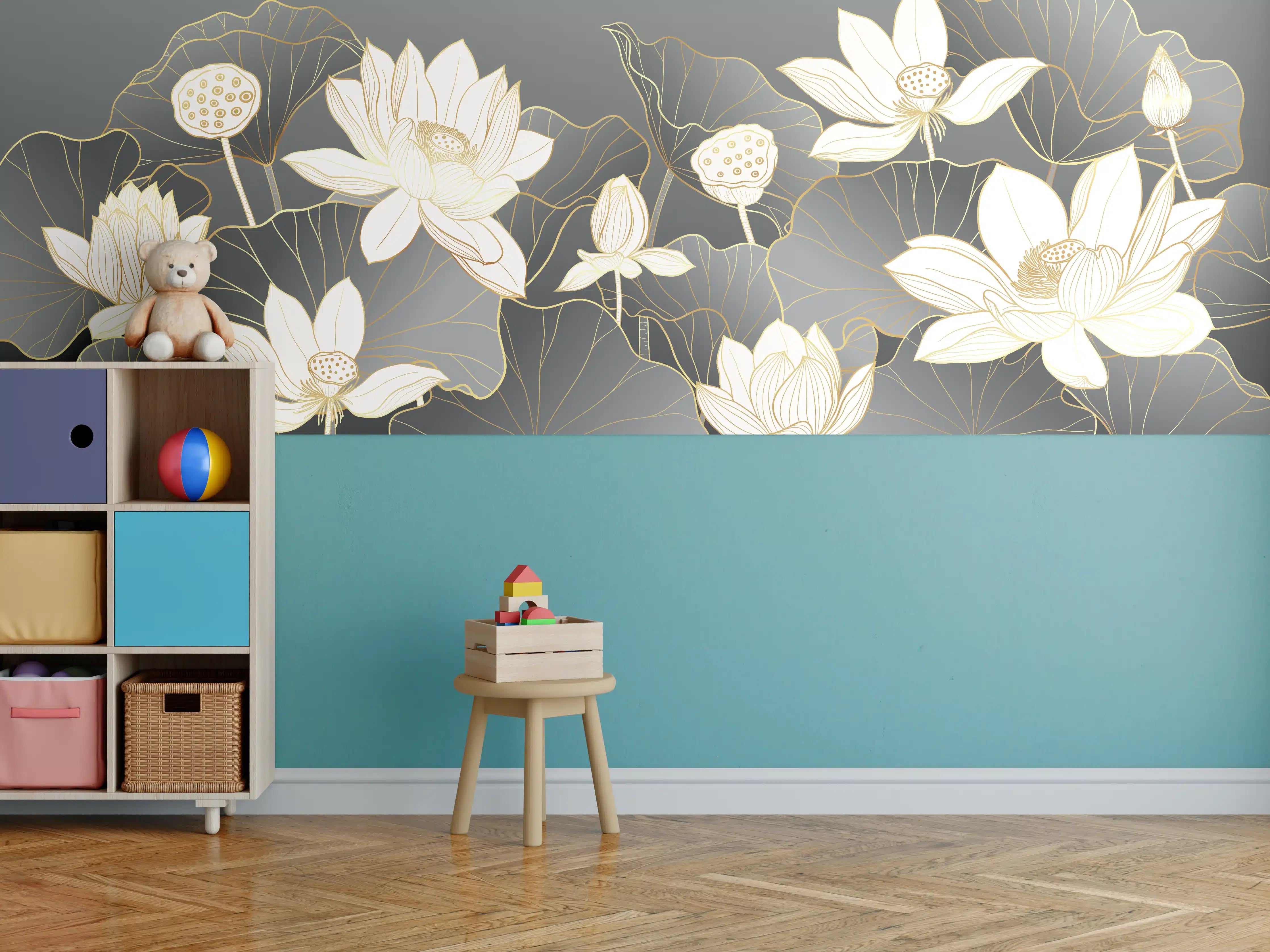 Kinderzimmer Wandgestaltung - Elegante Lotusblumen mit Goldakzenten auf dunklem Hintergrund