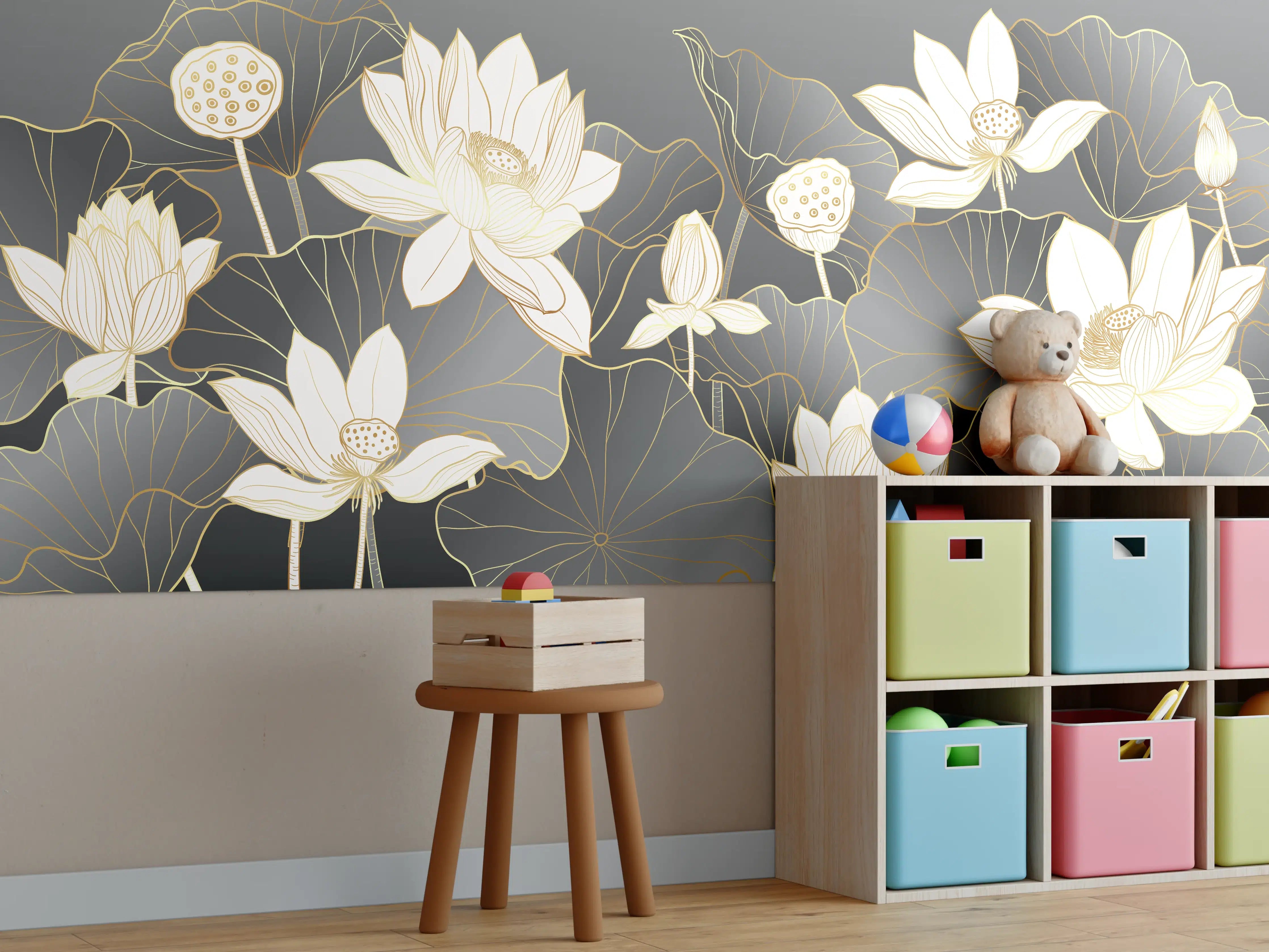 Kinderzimmer Wandgestaltung - Elegante Lotusblumen mit Goldakzenten auf dunklem Hintergrund
