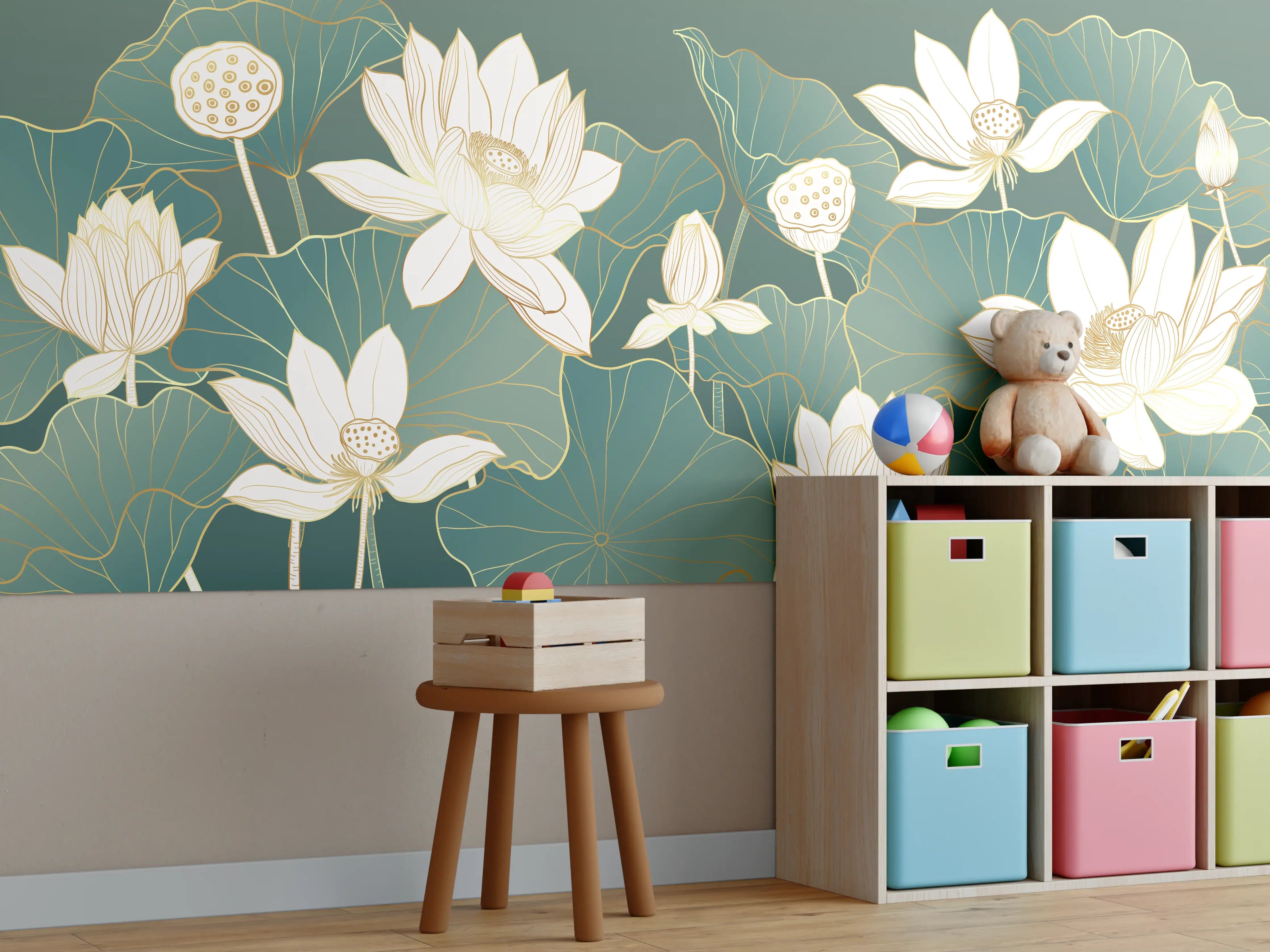 Kinderzimmer Wandgestaltung - Elegante Seerosen in Grün und Weiß