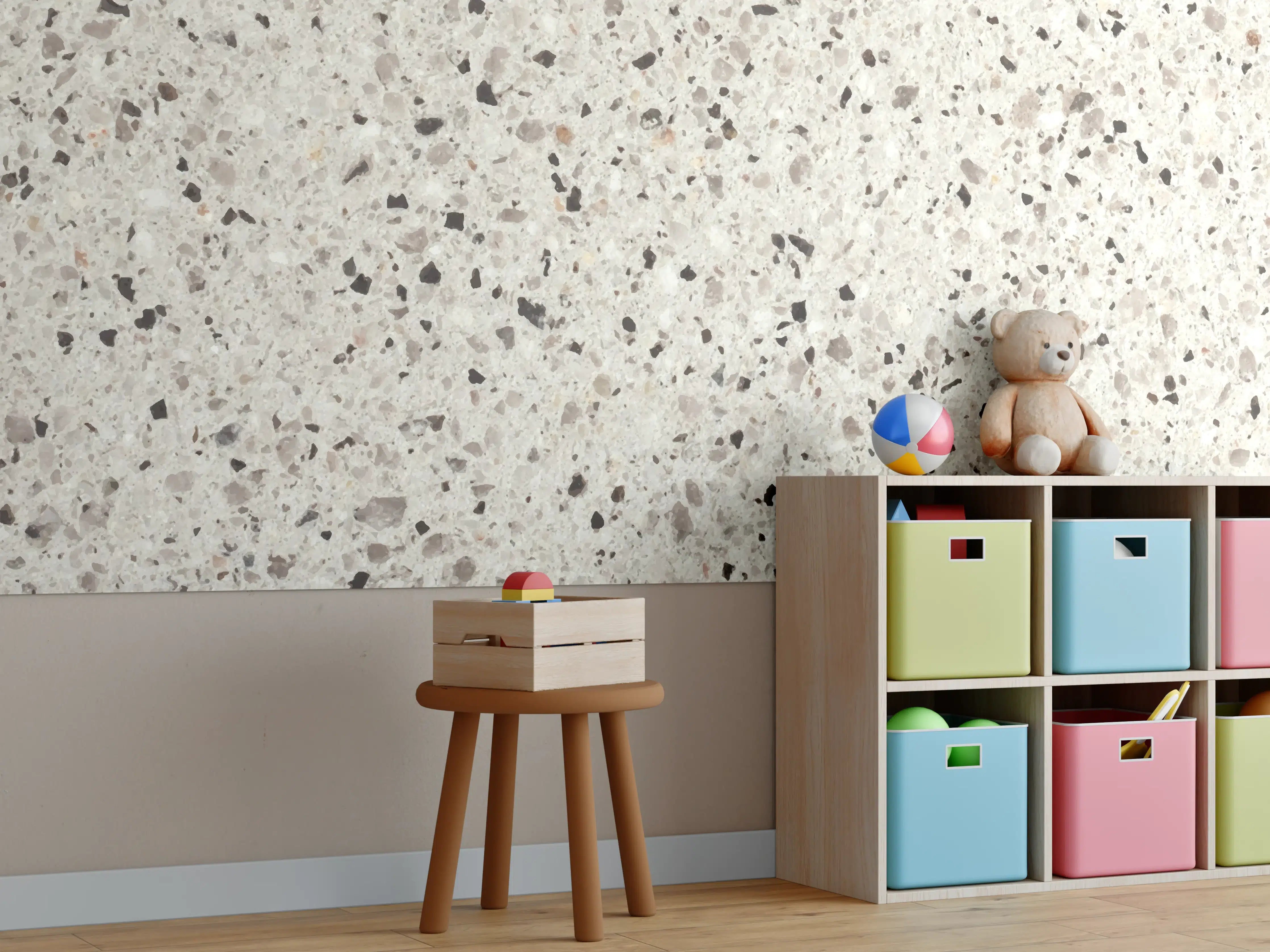 Kinderzimmer Wandgestaltung - Elegante Weiß-Grau Terrazzo-Optik