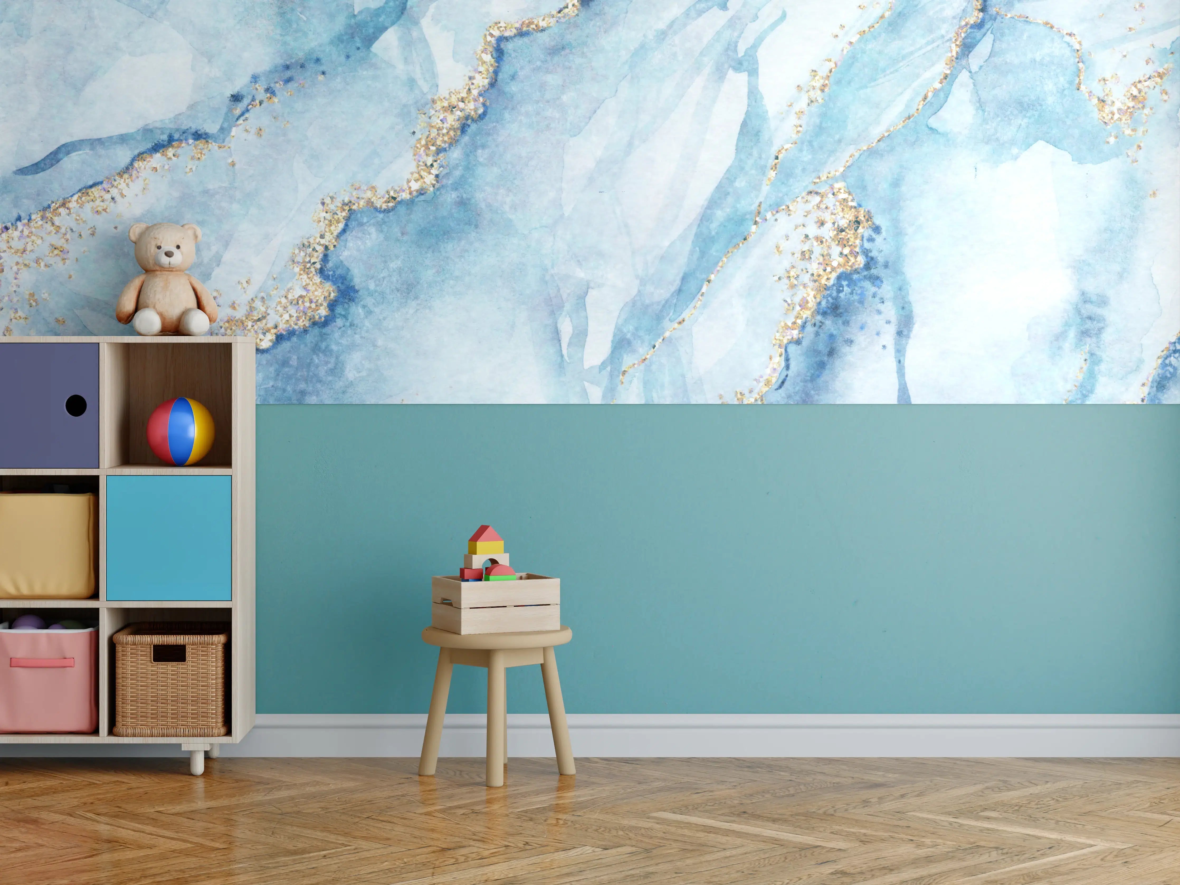 Kinderzimmer Wandgestaltung - Elegante blaue Marmor-Textur mit goldenen Akzenten