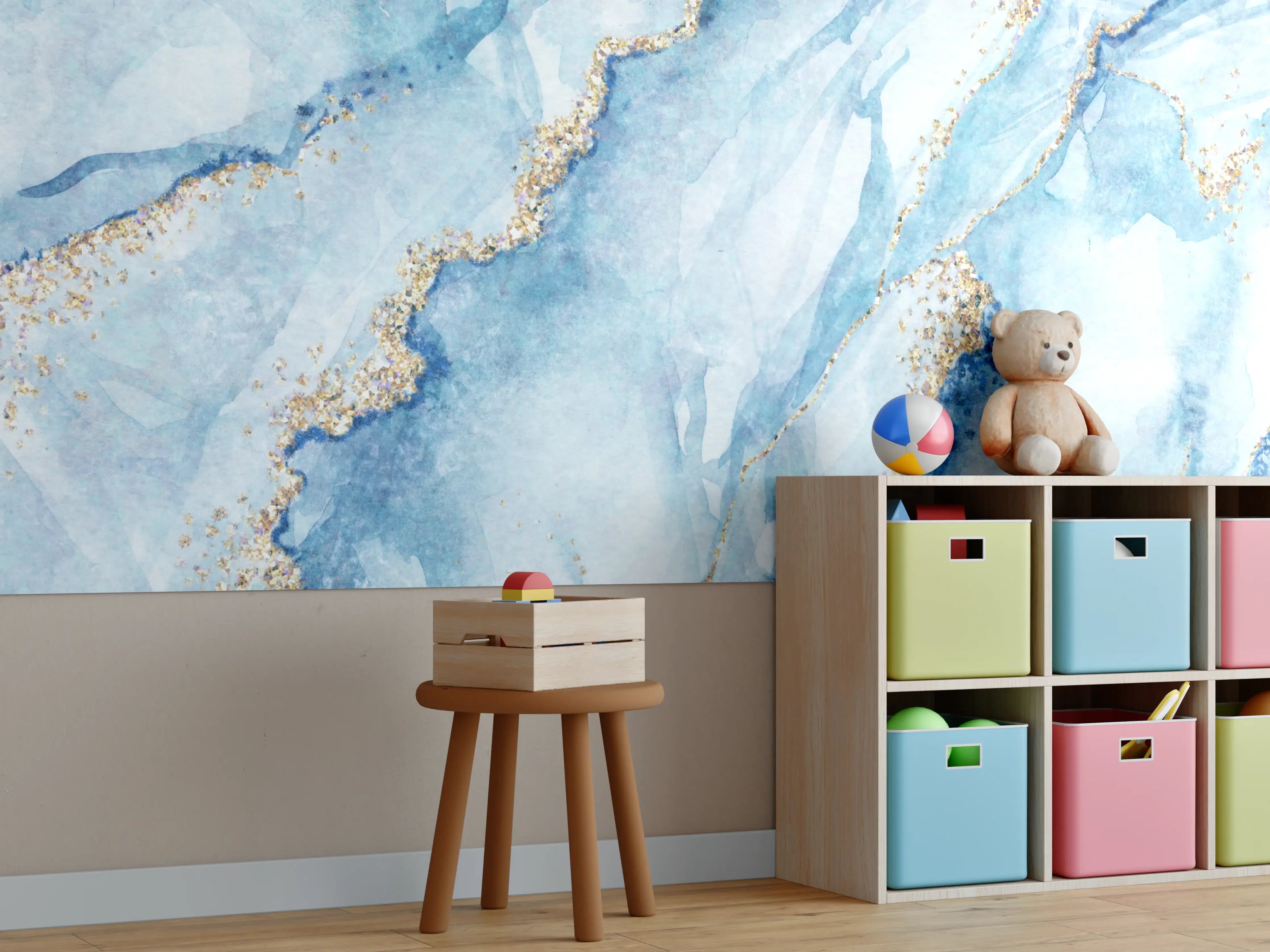 Kinderzimmer Wandgestaltung - Elegante blaue Marmor-Textur mit goldenen Akzenten