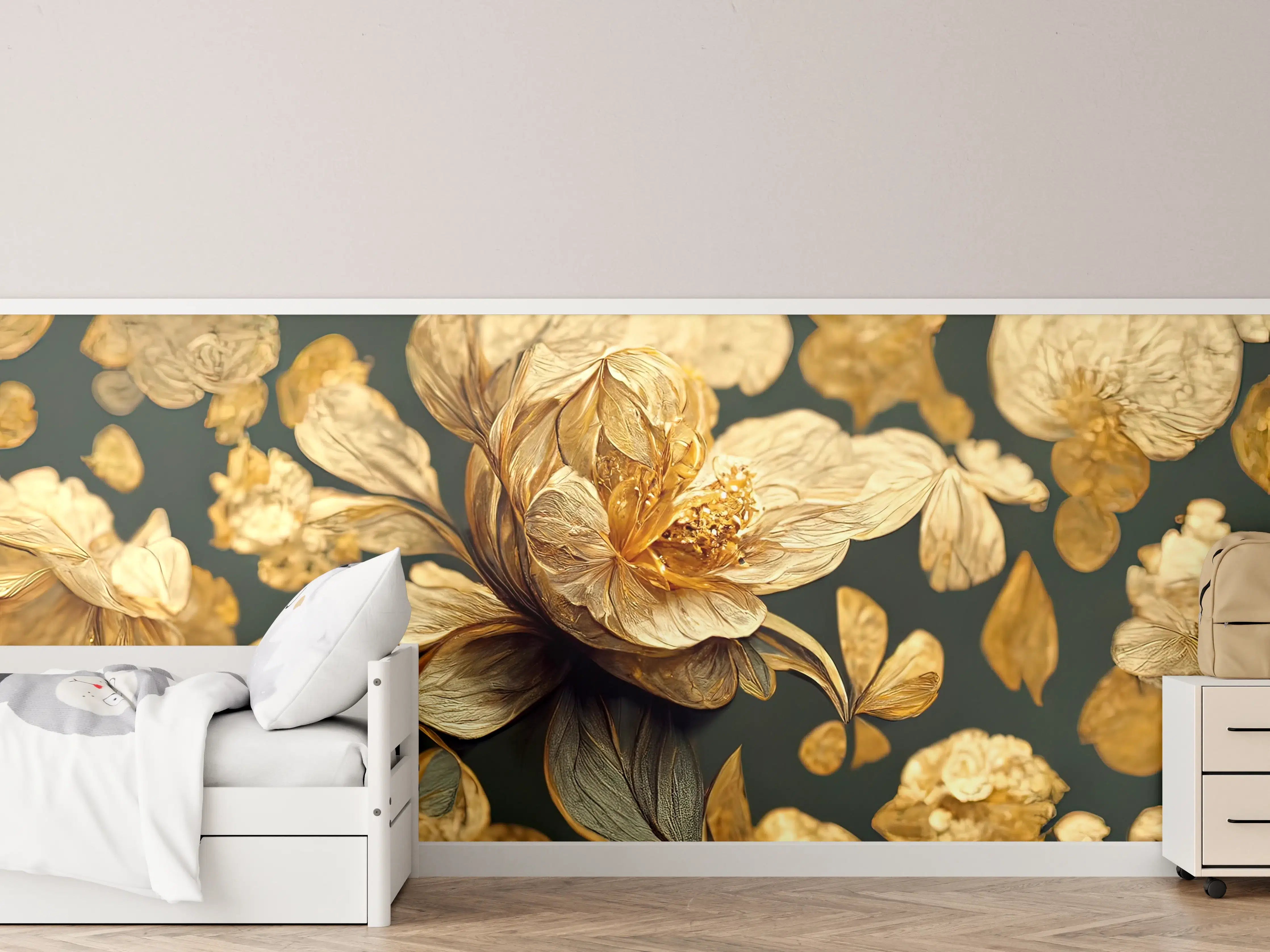 Kinderzimmer Wandgestaltung - Elegante goldene Blumen auf dunklem Hintergrund