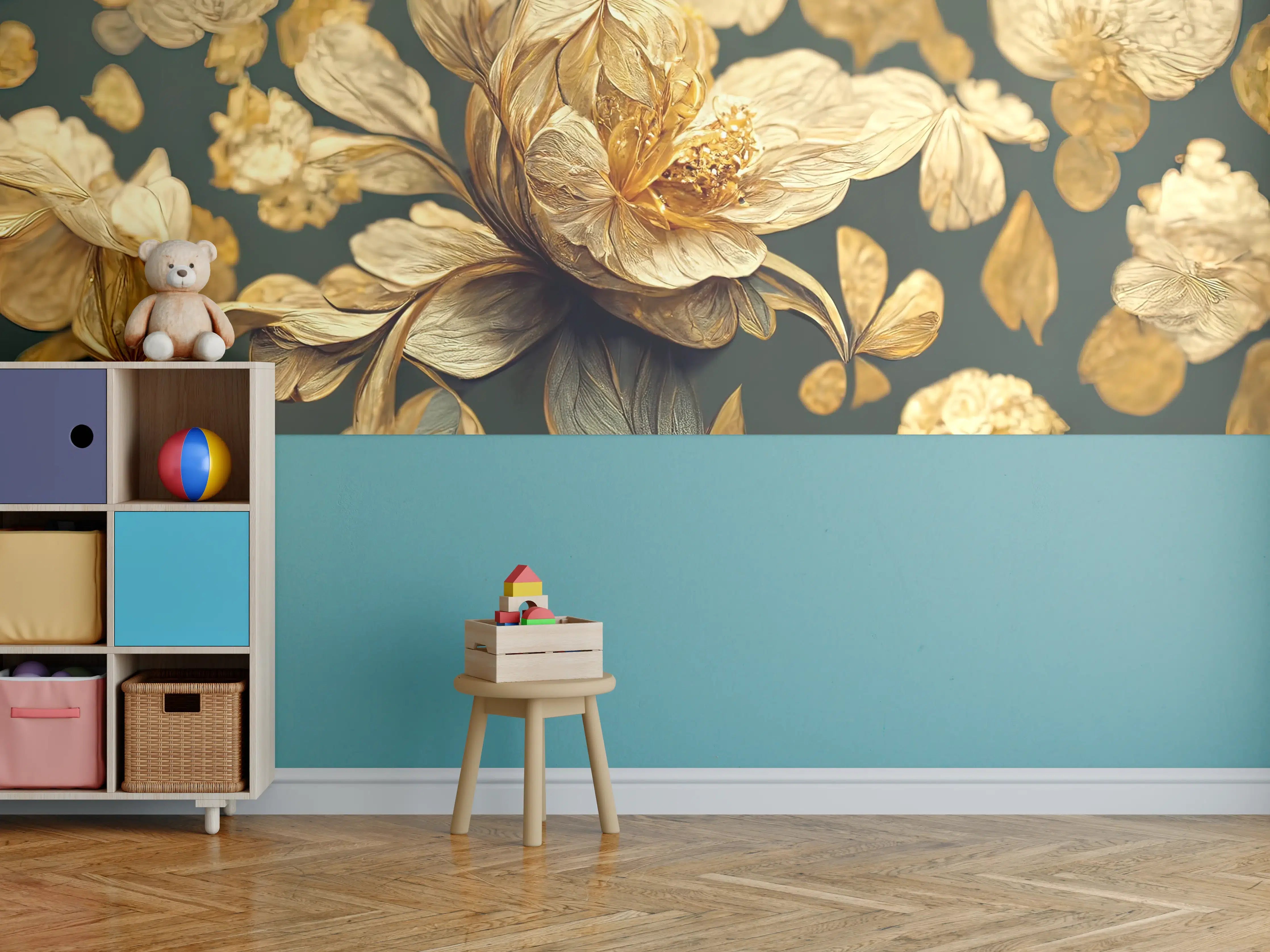 Kinderzimmer Wandgestaltung - Elegante goldene Blumen auf dunklem Hintergrund