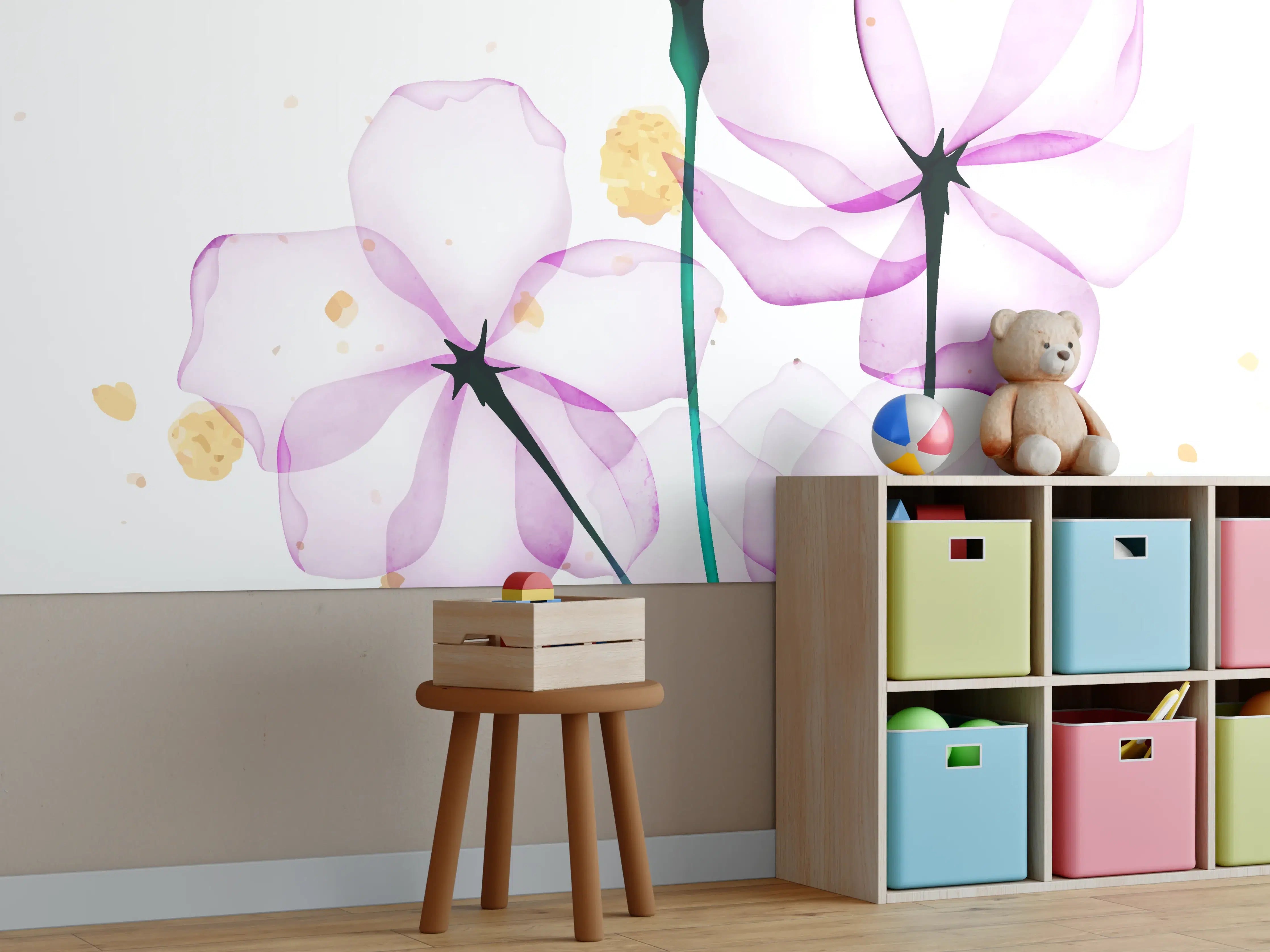 Kinderzimmer Wandgestaltung - Elegante lilafarbene Blumenillustration