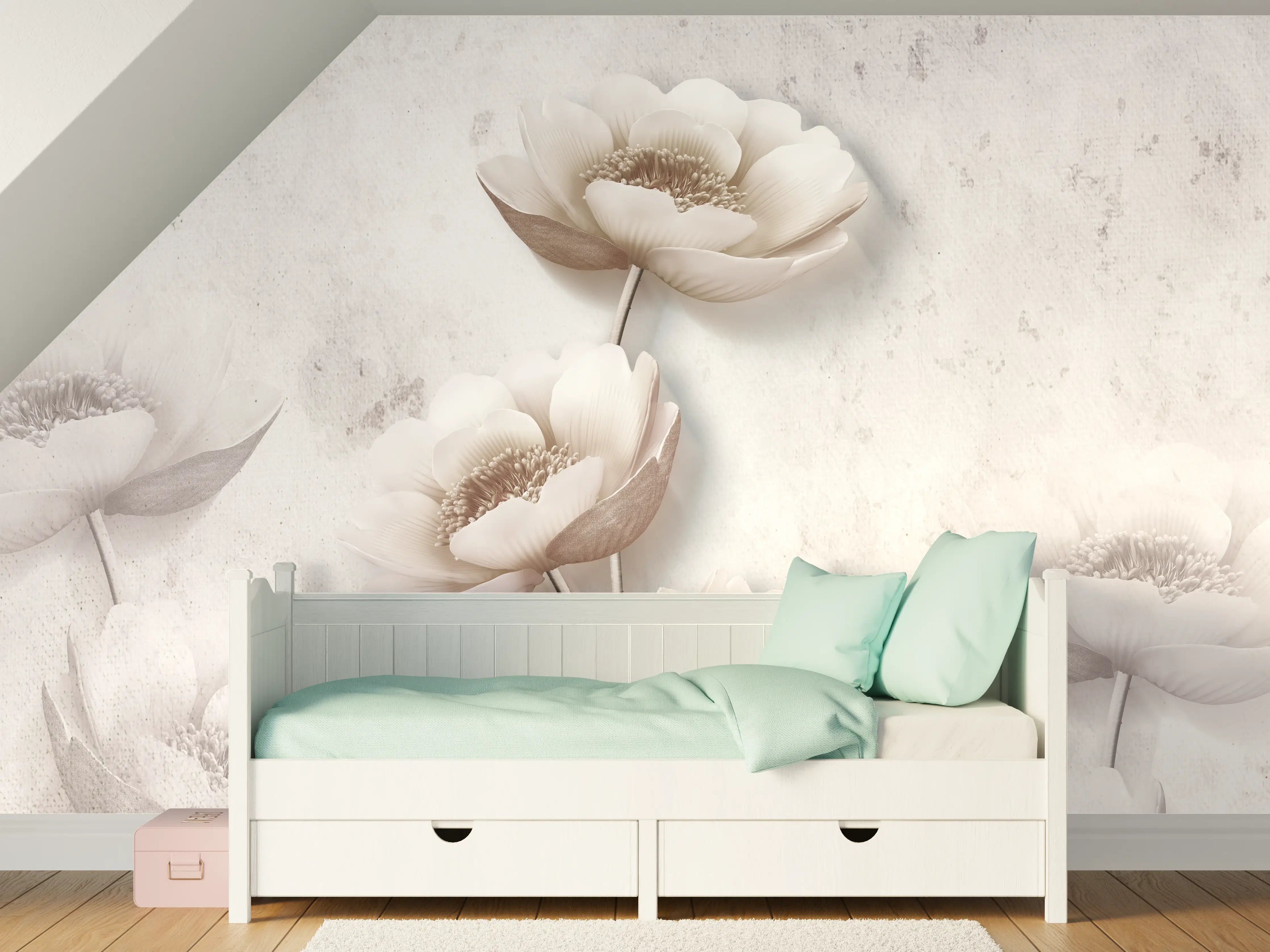 Kinderzimmer Wandgestaltung - Elegante weiße Blumen im Aquarell-Stil