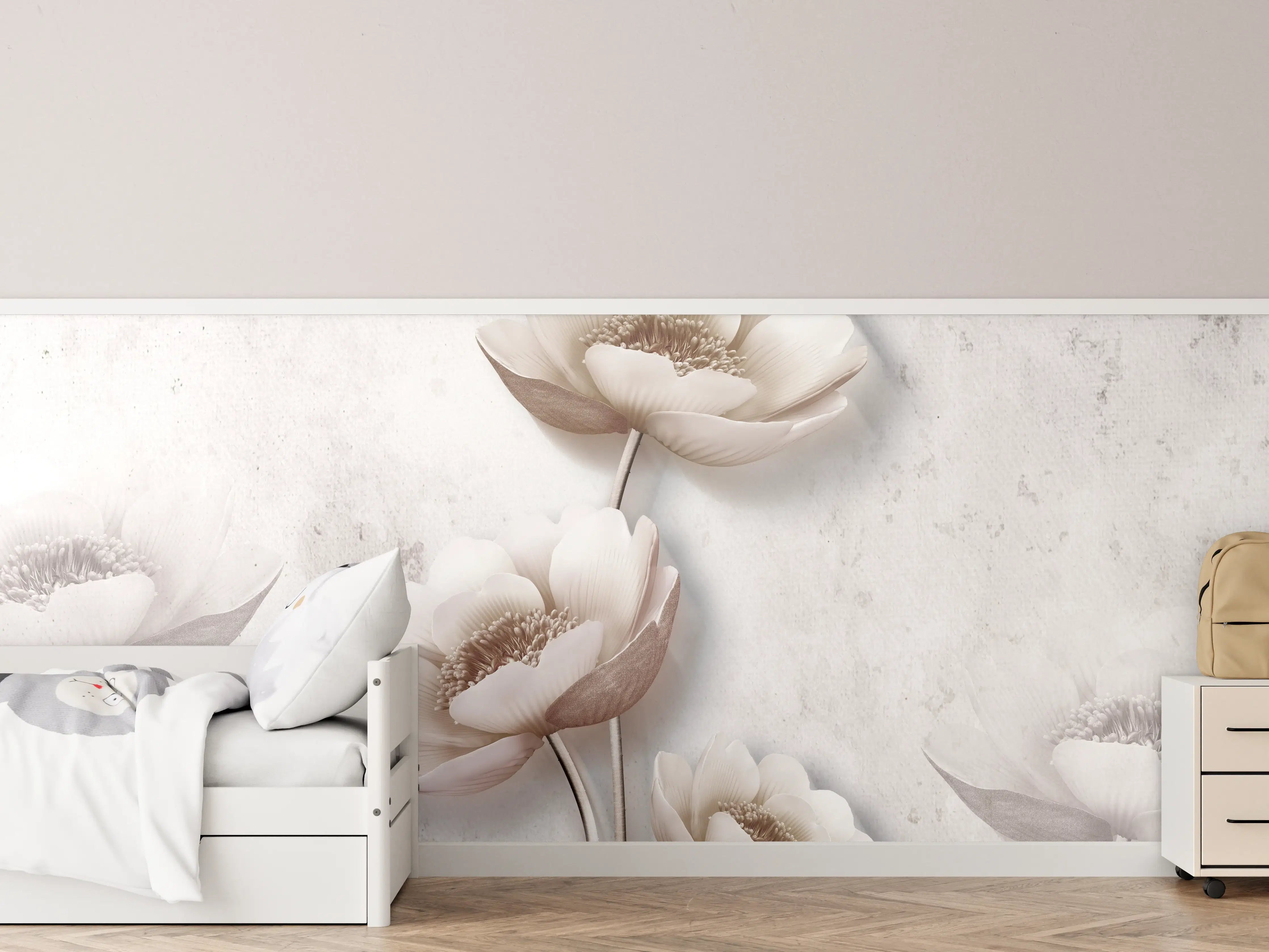 Kinderzimmer Wandgestaltung - Elegante weiße Blumen im Aquarell-Stil