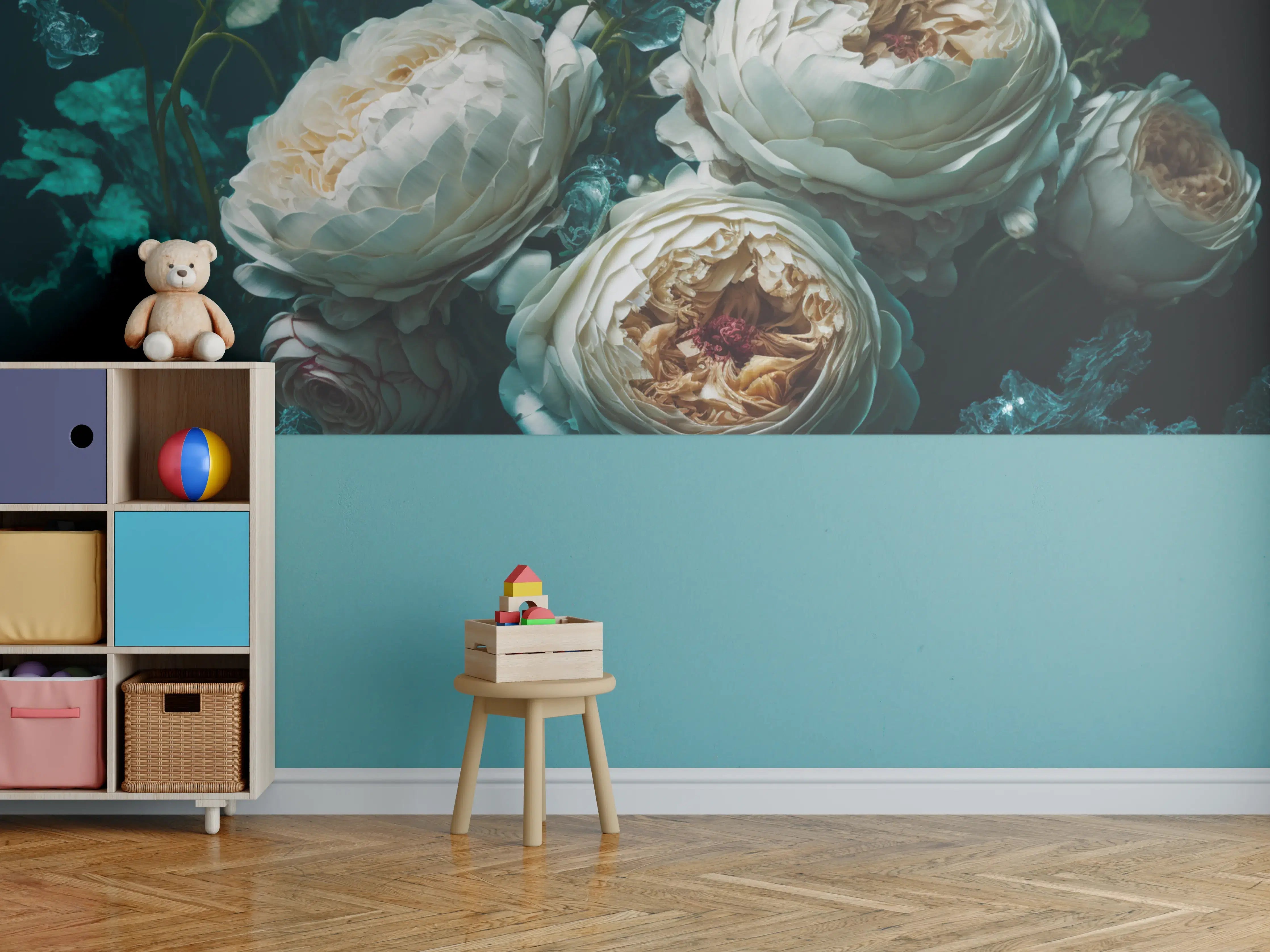 Kinderzimmer Wandgestaltung - Elegante weiße Rosen unter Wasser