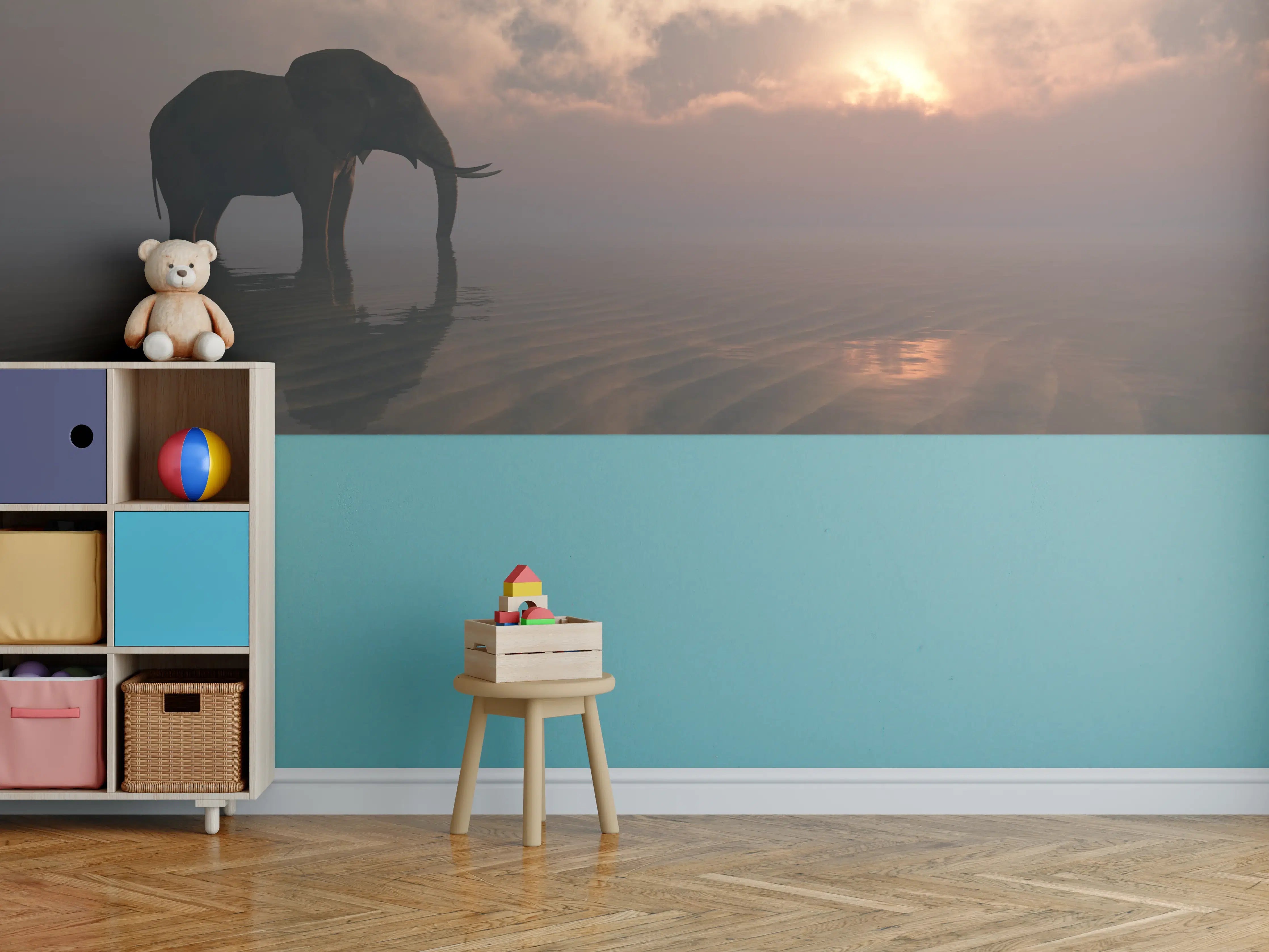 Kinderzimmer Wandgestaltung - Eleganter Elefant im Sonnenuntergang