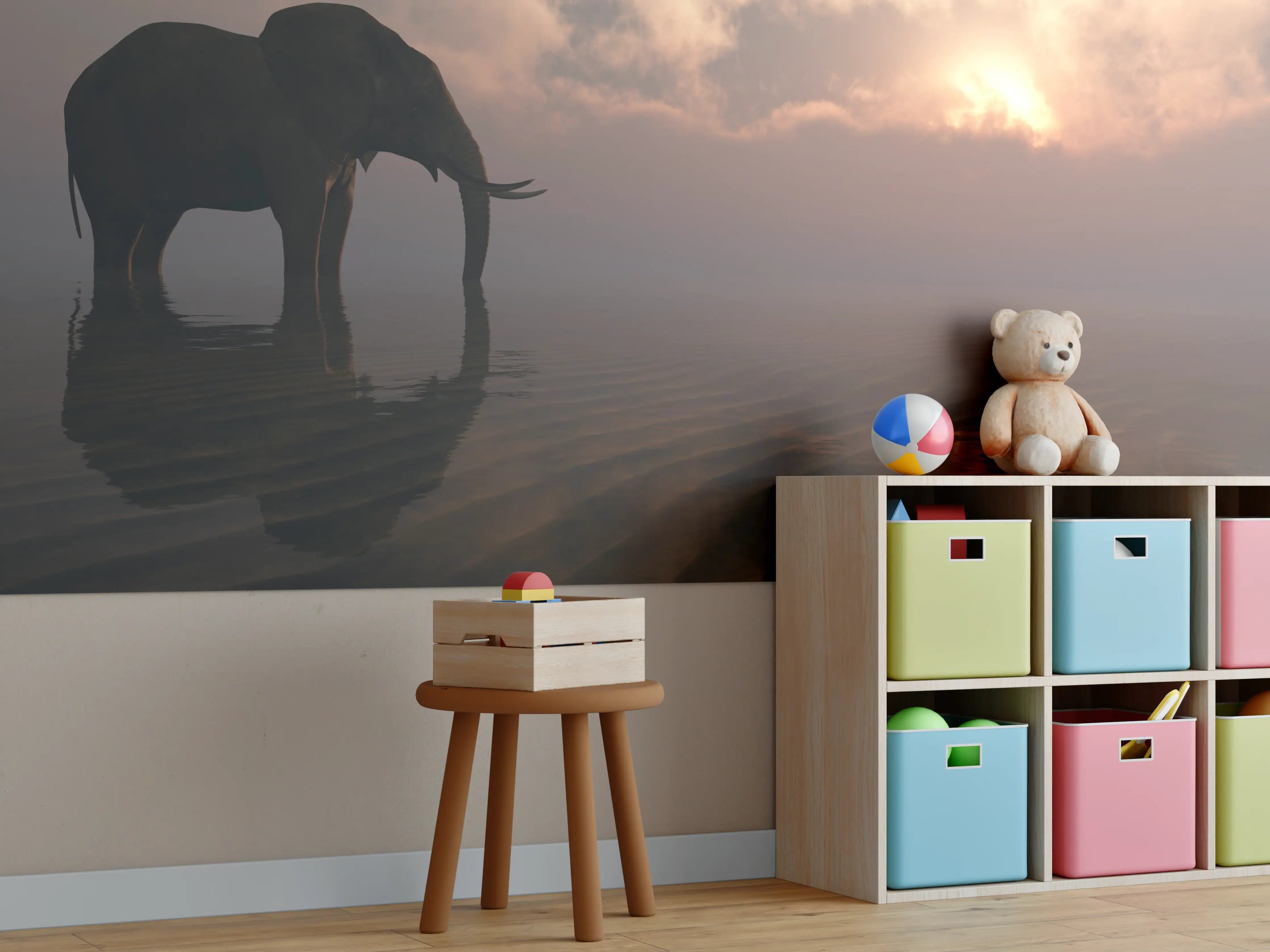 Kinderzimmer Wandgestaltung - Eleganter Elefant im Sonnenuntergang
