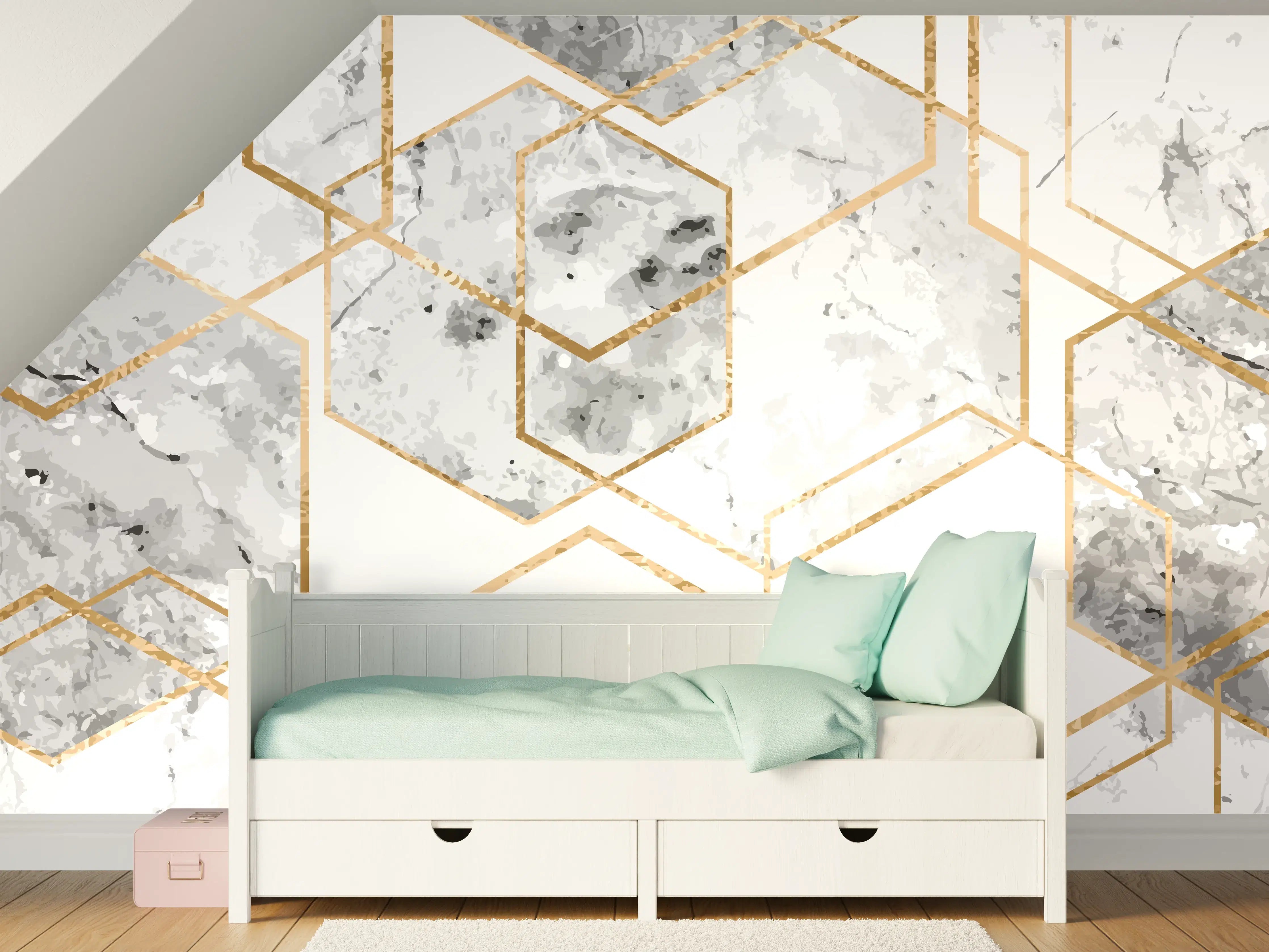 Kinderzimmer Wandgestaltung - Eleganter Weiß-Gold Marmor-Look
