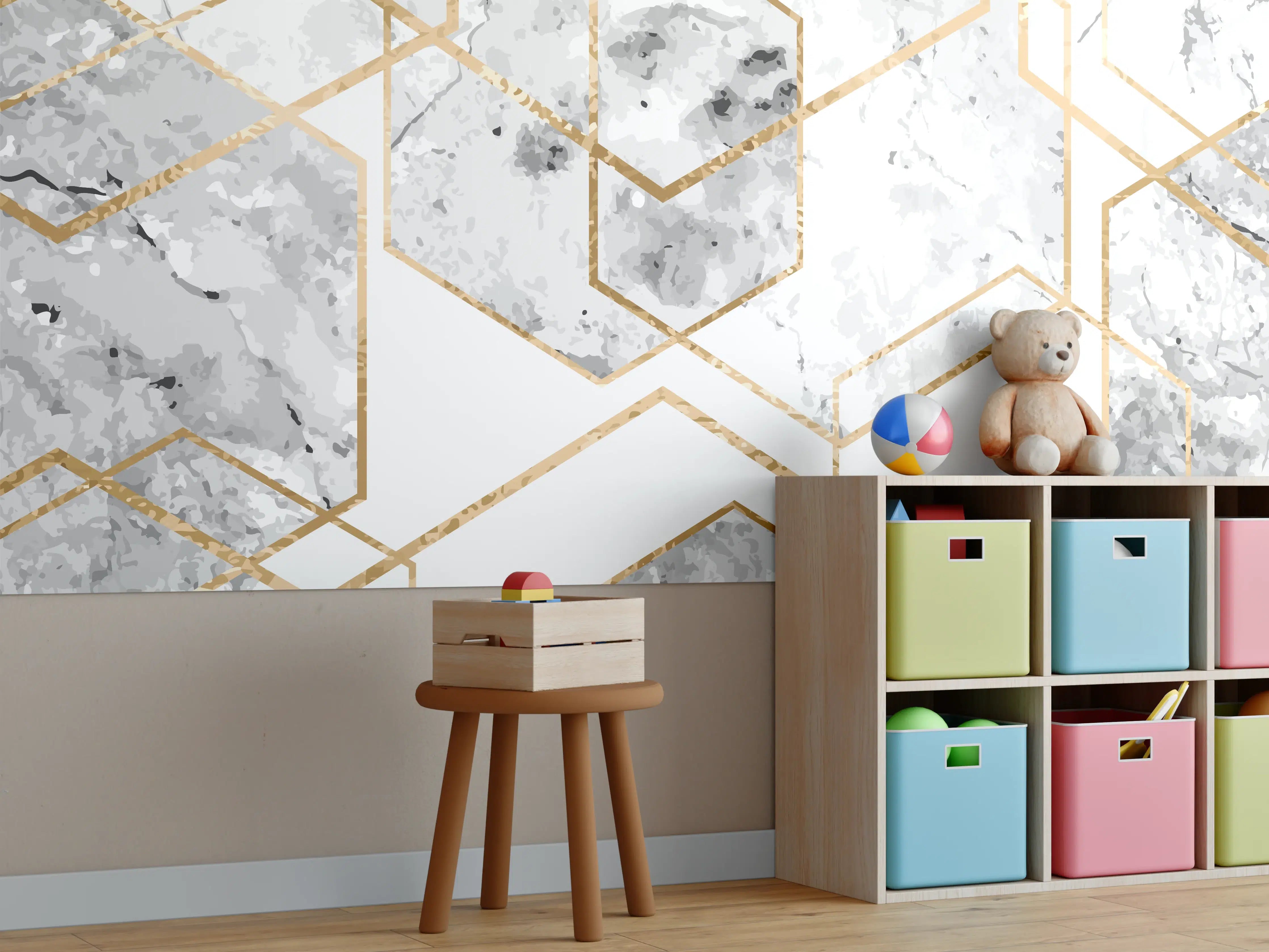 Kinderzimmer Wandgestaltung - Eleganter Weiß-Gold Marmor-Look