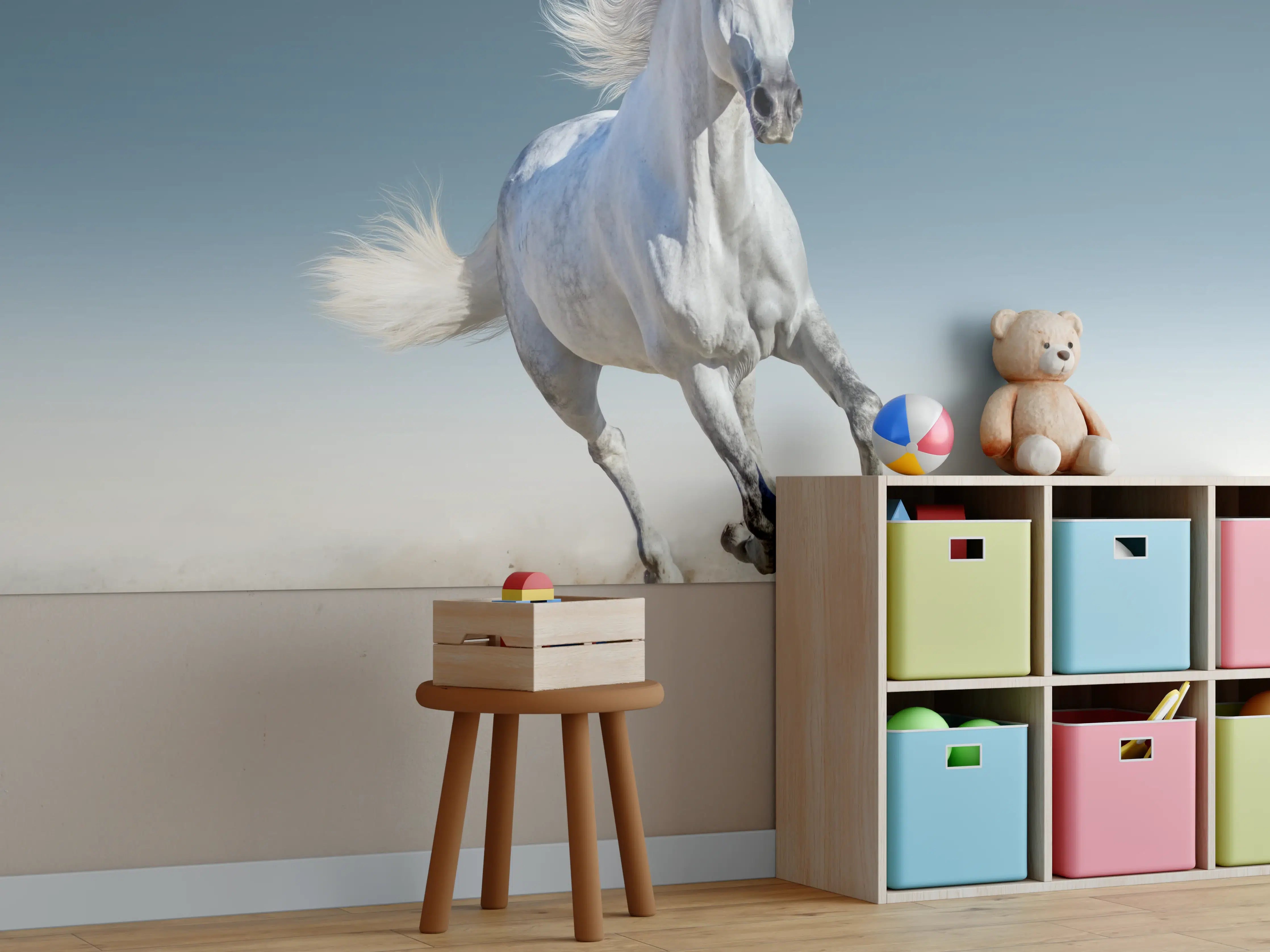 Kinderzimmer Wandgestaltung - Eleganter galoppierender weißer Pferd in Wüstenlandschaft