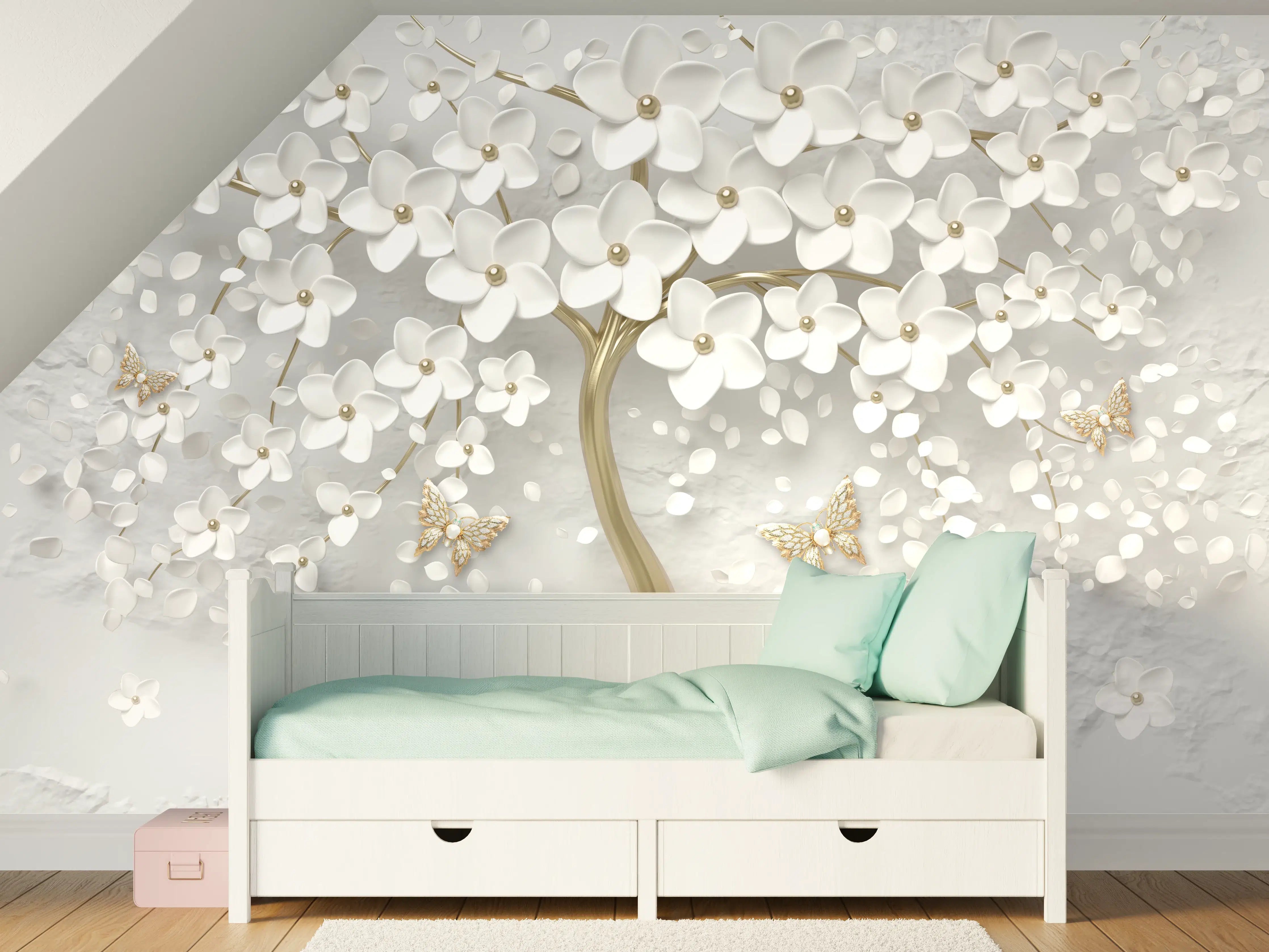 Kinderzimmer Wandgestaltung - Eleganter, 3D-blumenreicher Dekotrend