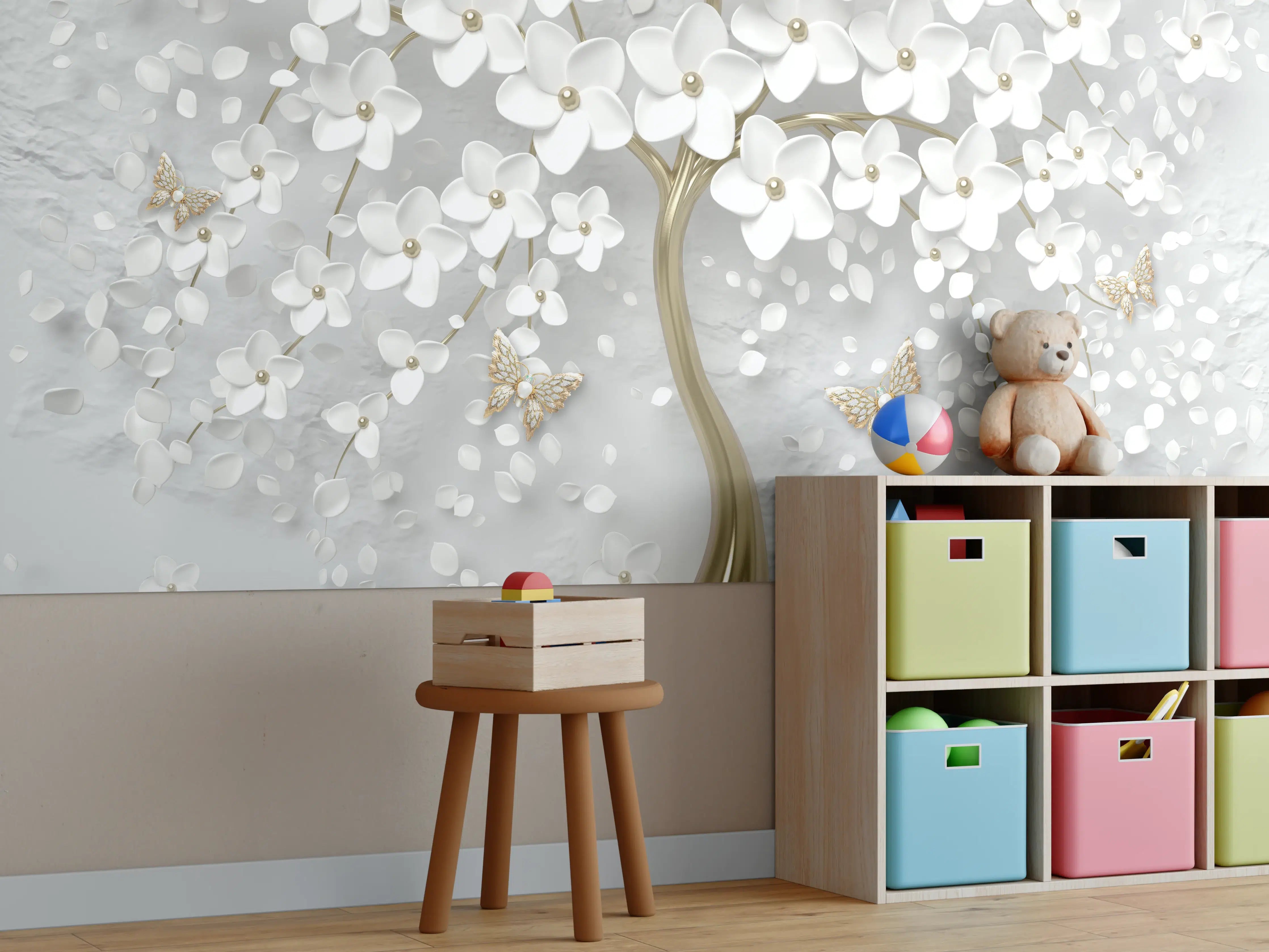 Kinderzimmer Wandgestaltung - Eleganter, 3D-blumenreicher Dekotrend