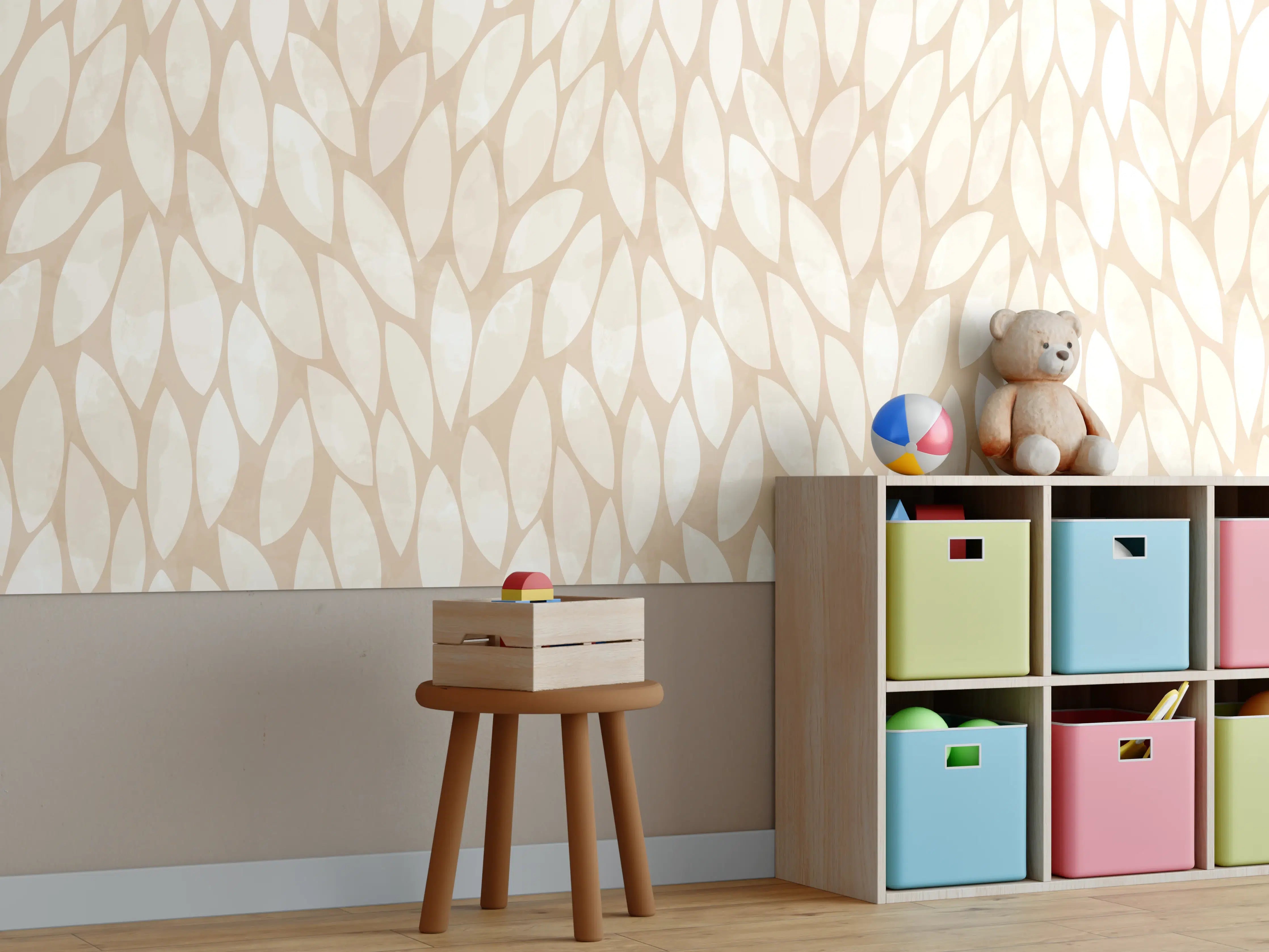 Kinderzimmer Wandgestaltung - Elegantes Beige-Tapetenmuster mit Blattdesign