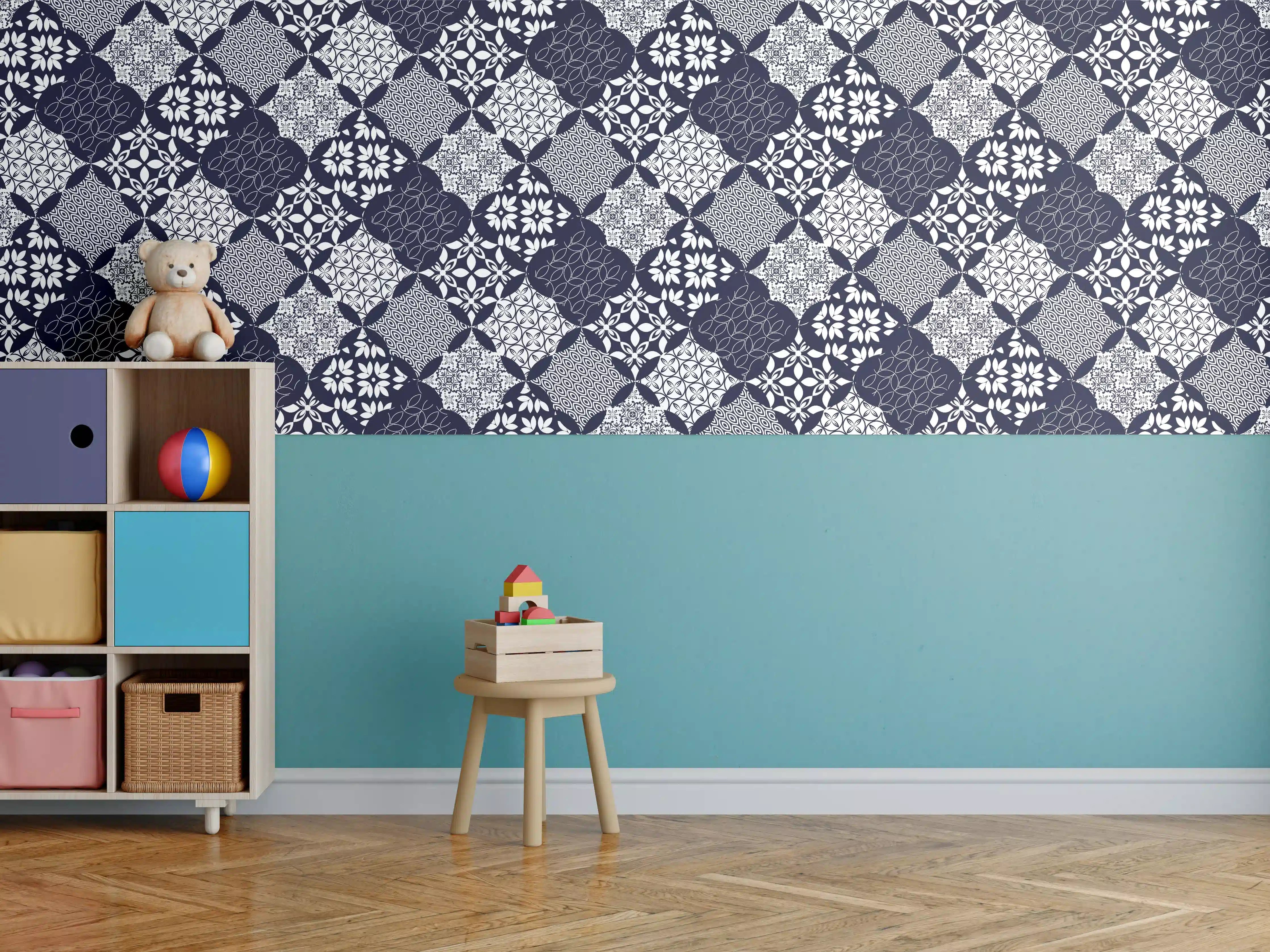 Kinderzimmer Wandgestaltung - Elegantes Blau-Weiß-Grau Muster