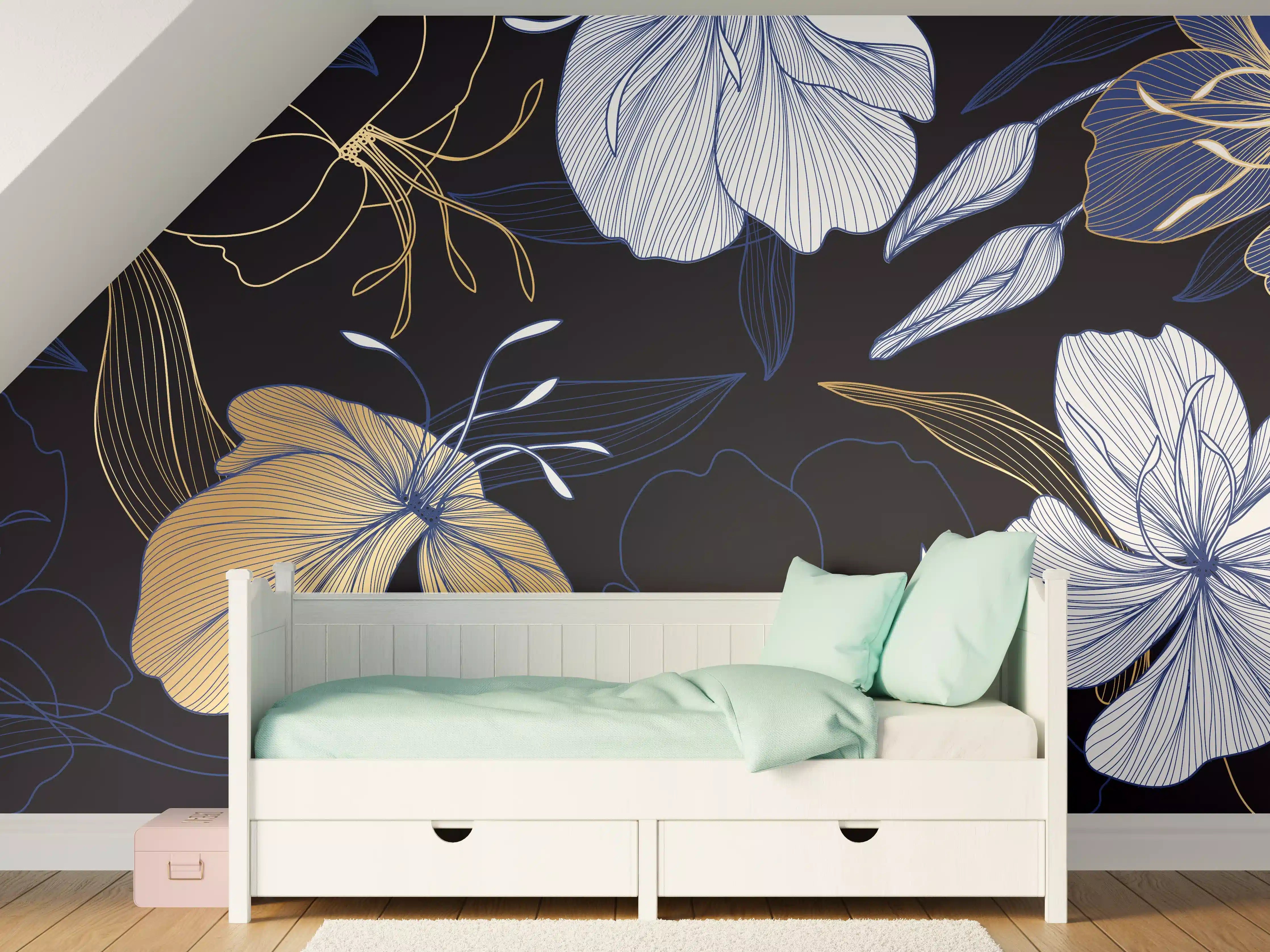 Kinderzimmer Wandgestaltung - Elegantes Blumen-Muster Dunkelblau