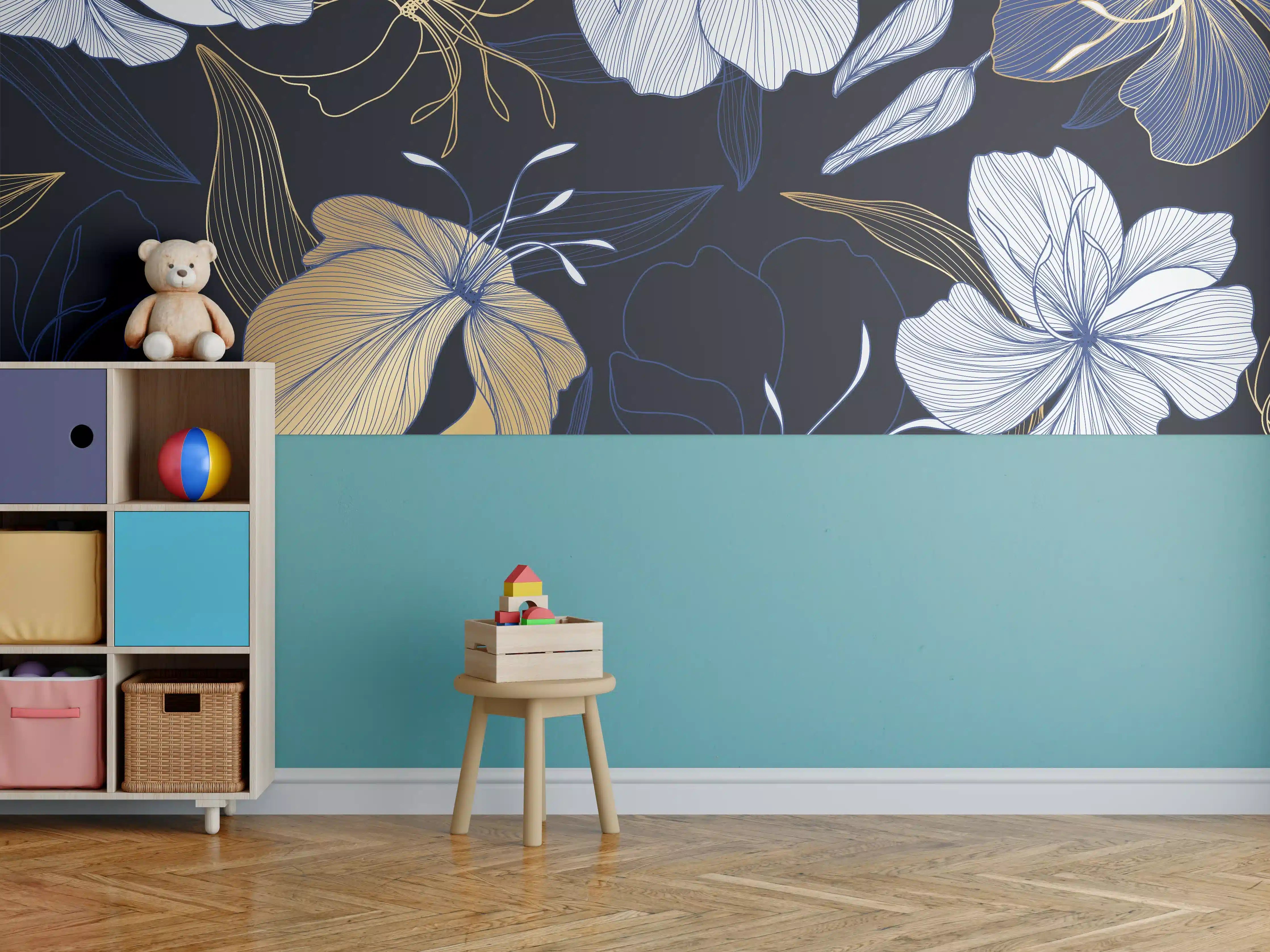 Kinderzimmer Wandgestaltung - Elegantes Blumen-Muster Dunkelblau