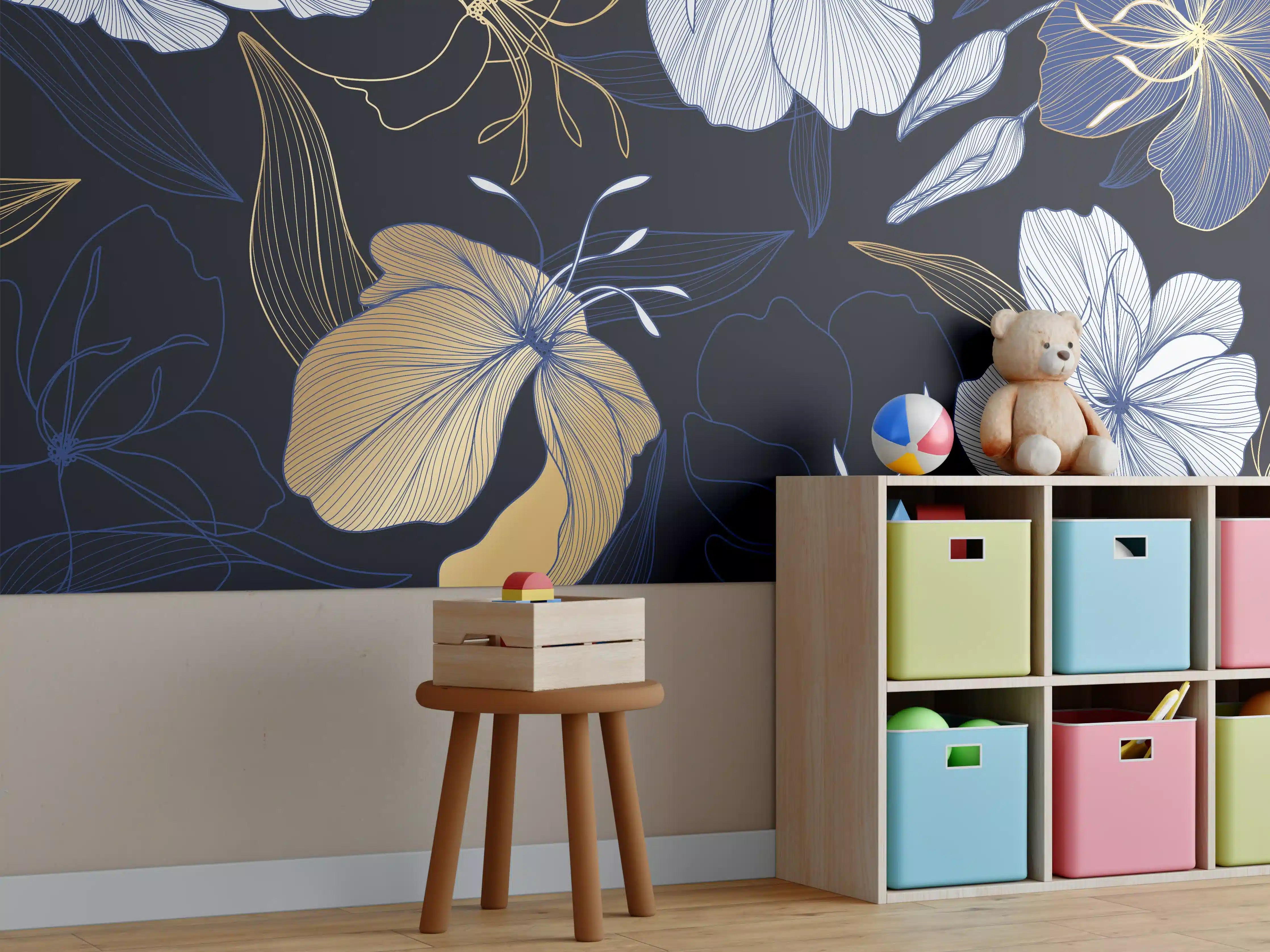 Kinderzimmer Wandgestaltung - Elegantes Blumen-Muster Dunkelblau