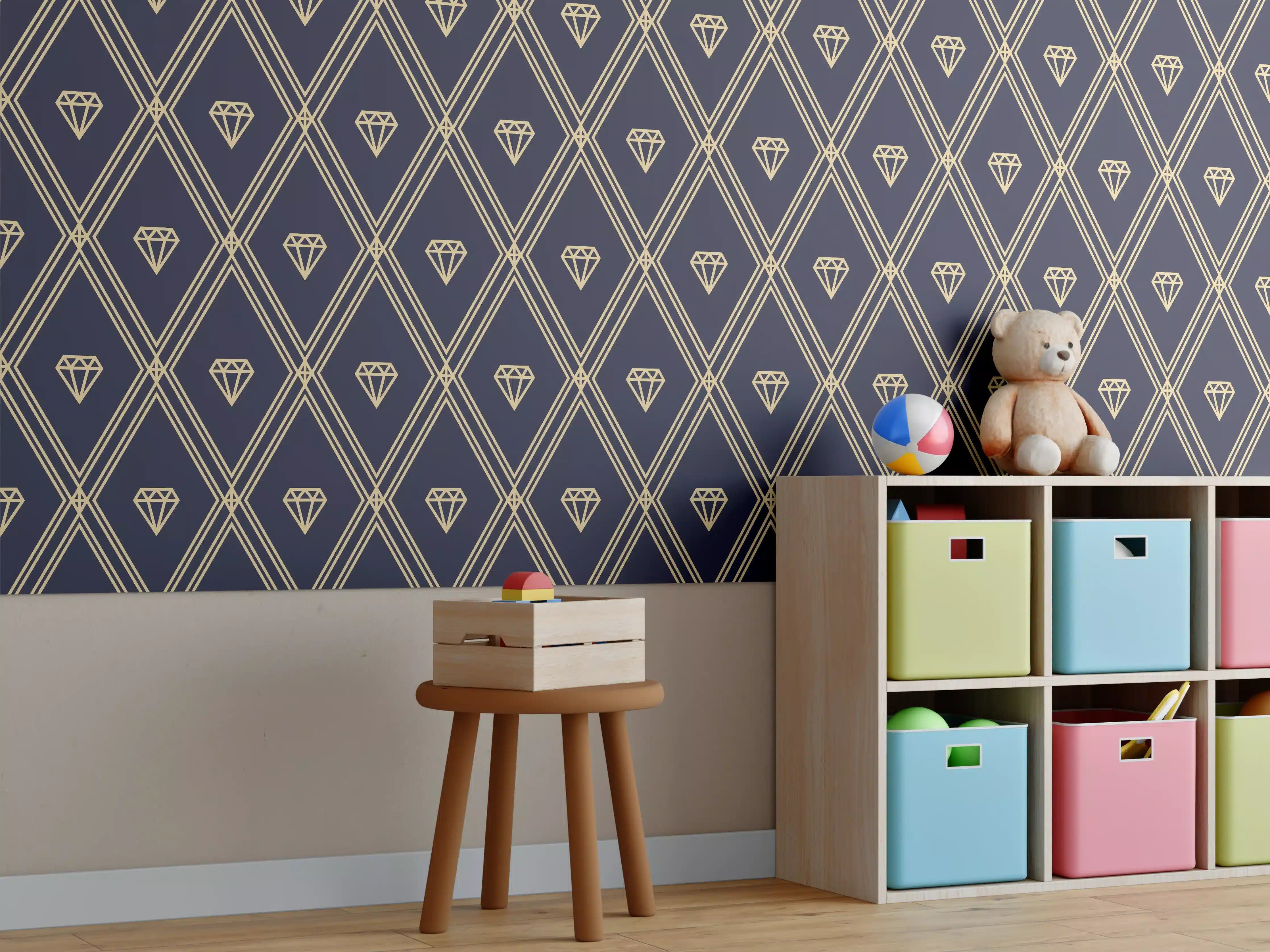 Kinderzimmer Wandgestaltung - Elegantes Dunkelblau Diagonalmuster